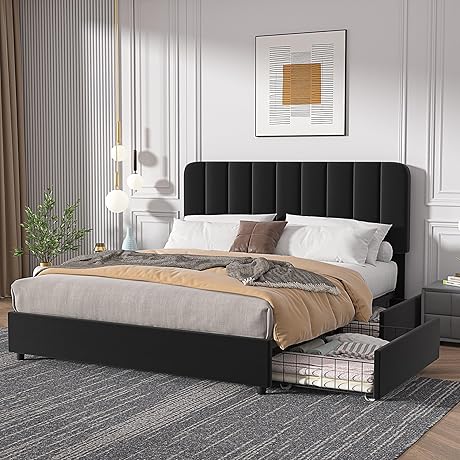 VECELO Upholstered Bed Frame Black Full Size Bed Frame with Storage