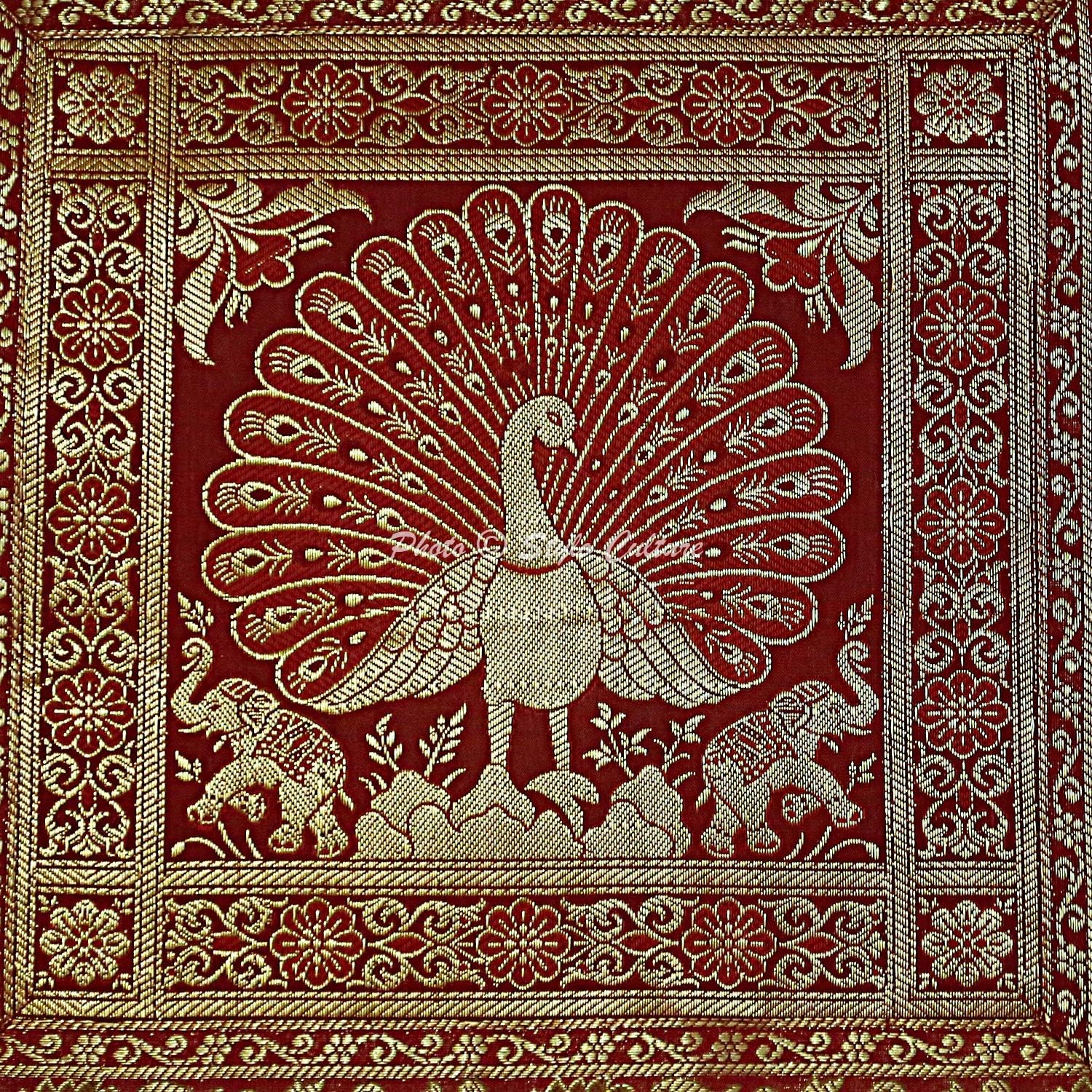 Bohemian Decorative Sofa Settee Toss Throw Pillow Cases 40x40 cm Brocade Bedroom Maroon Peacock Jacquard Square Luxury Zippered Indian 16x16 Inch Cushion Covers - 5 Pcs