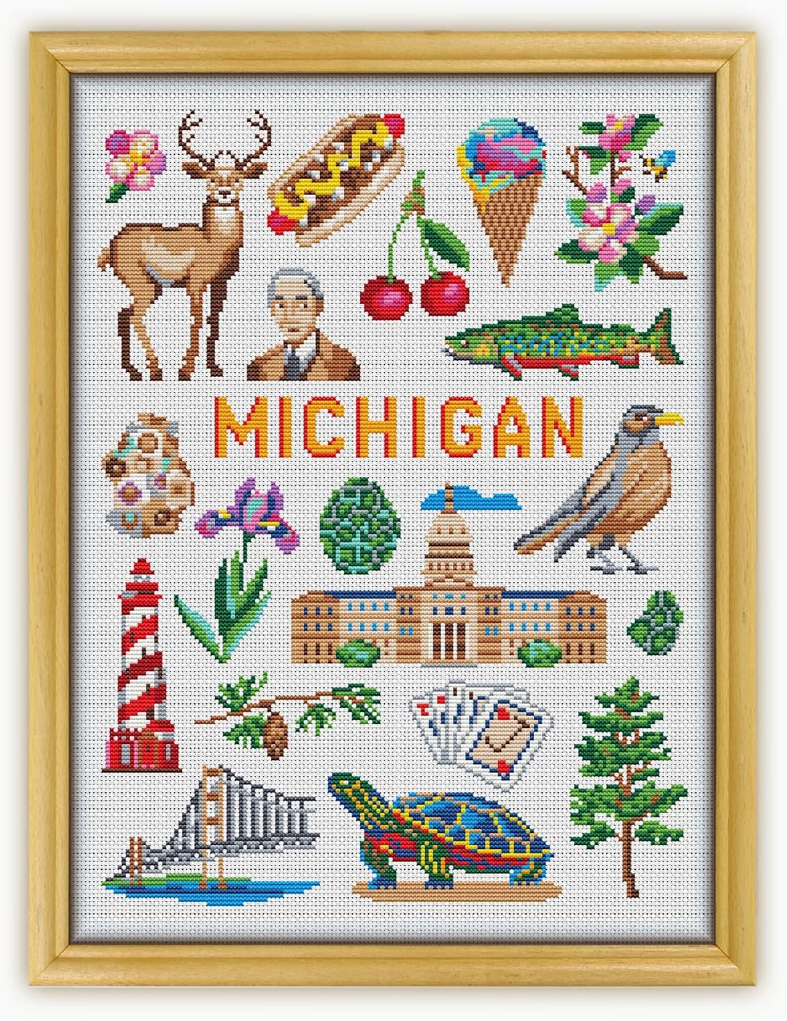 Michigan Collection CS1904 - Counted Cross Stitch KIT#2 Prime. Set of Threads, Needles, AIDA Fabric, Needle Threader, Embroidery Clippers and Printed Color Pattern Inside.