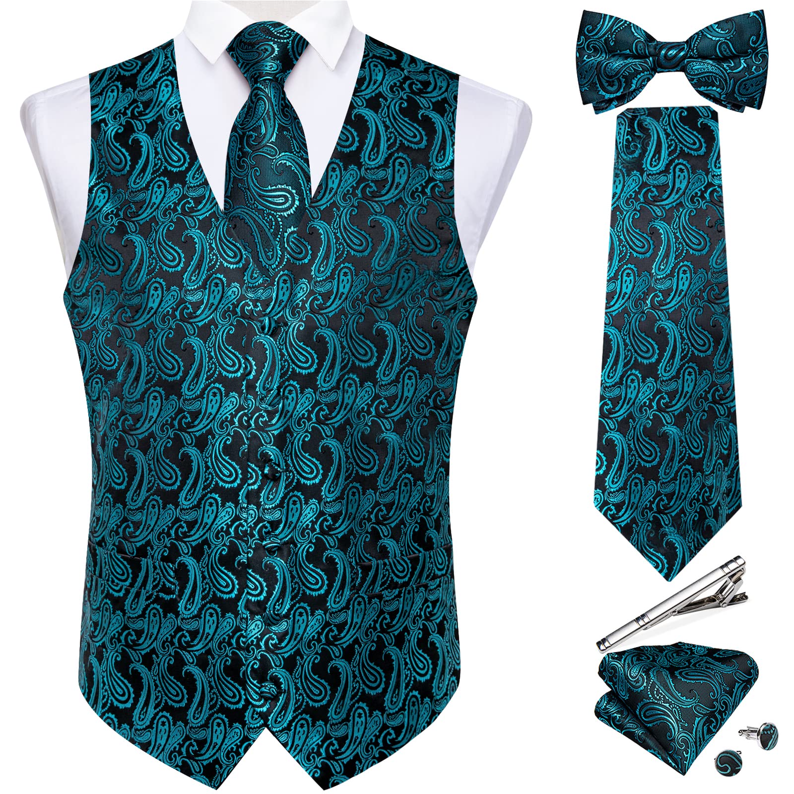 DiBanGu Men's Silk Paisley Vest and Necktie Set 6PCS Pre-tied Bow Tie Formal Waistcoat for Wedding Party