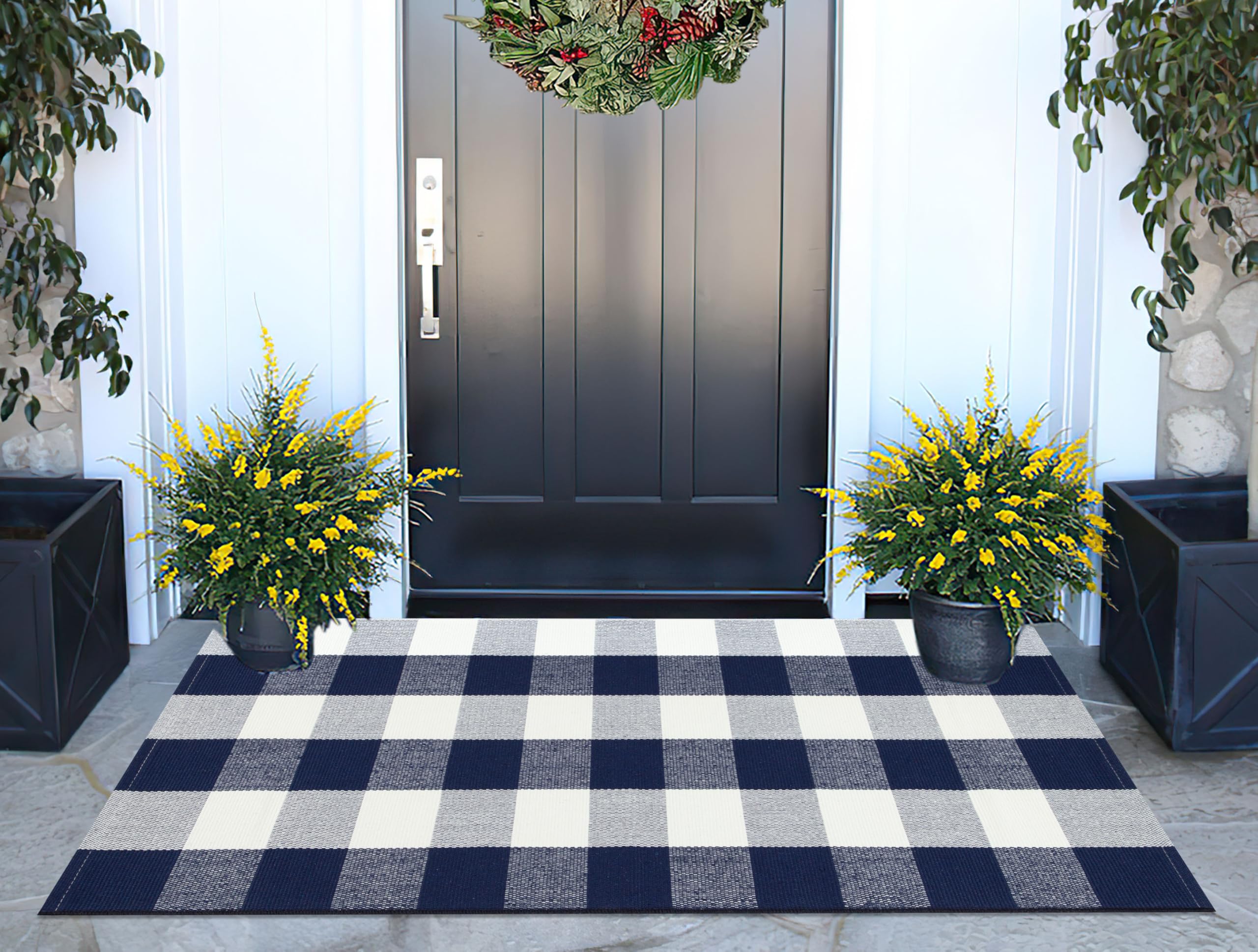 Blue and White Outdoor Rug 24''x 51''Buffalo Plaid Checkered Front Porch Rug Woven Machine Washable Farmhouse Door Mats Outdoor for Hello/Welcome Mat,