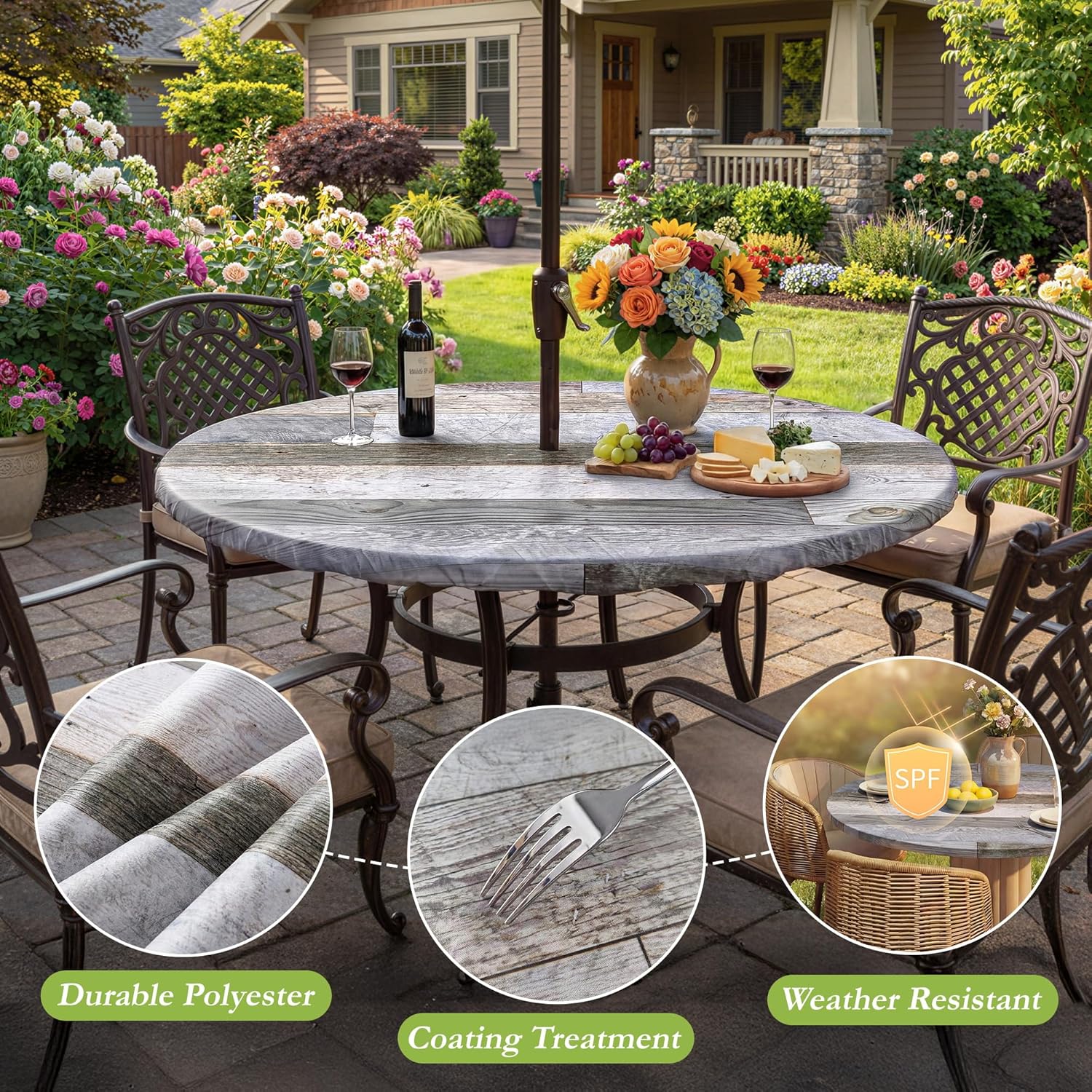 Farmhouse Round Outdoor Fitted Tablecloth with Umbrella Hole Waterproof Wipeable Round Table Cloth Zippered Patio Table Covers for Picnic,Patio,Garden (Brown, 45"-52")