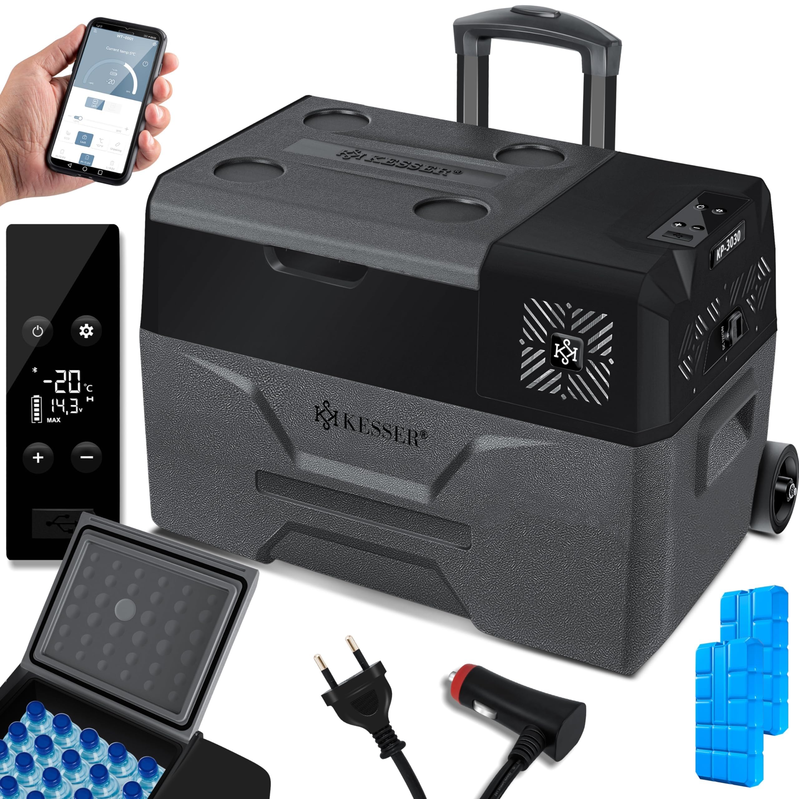 KESSER® Kompressor Kühlbox auto elektrisch 30L, Camping Kühlbox 12/24/230V mit APP-Steuerung, Gefrierbox bis –20 °C, Kühlbox mit Rädern & Teleskopgriff für Camping, Wohnmobil, LKW & Boot + 2 Kühlakkus