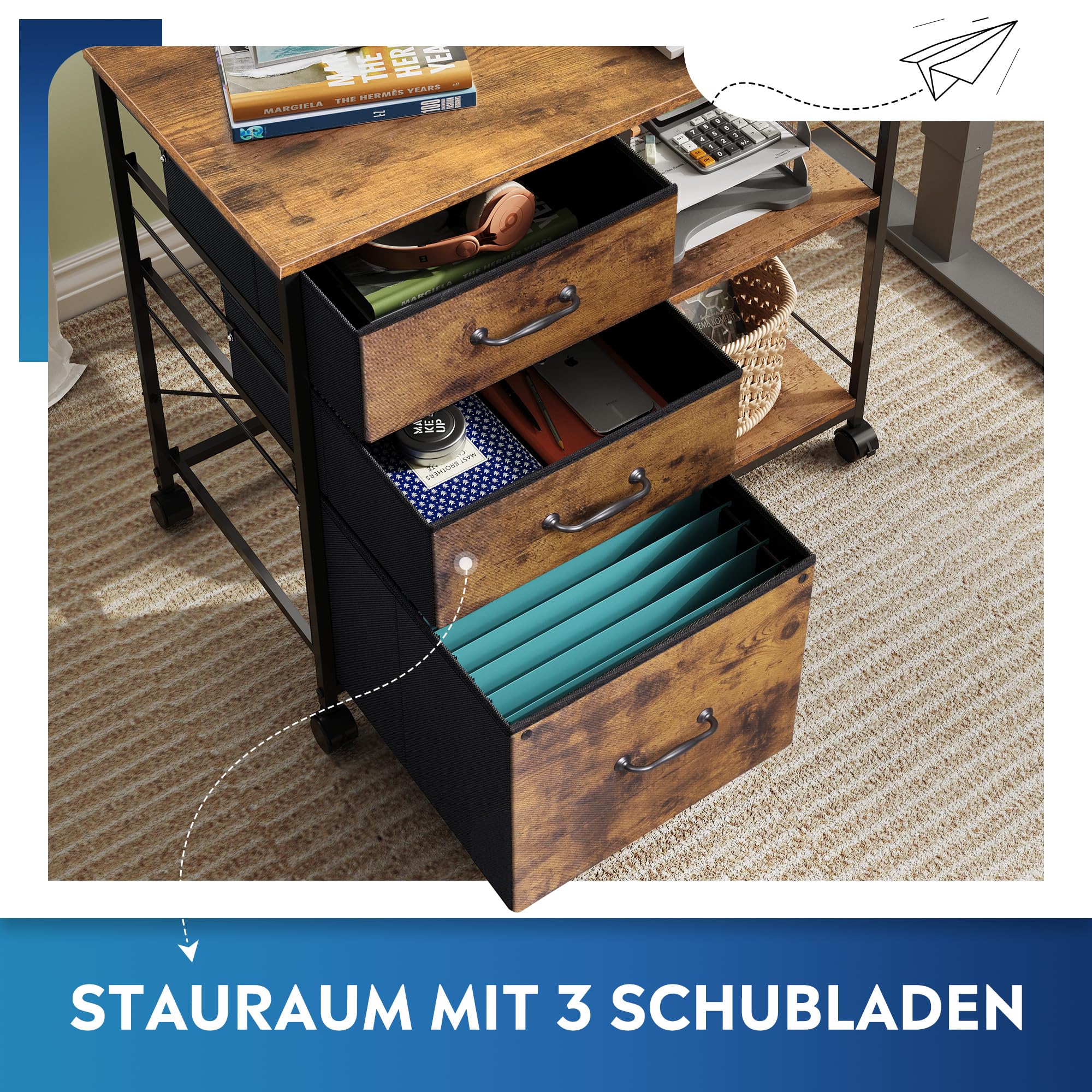 DEVAISE Rollcontainer mit 3 Schubladen und offenen Ablagen, Mobiler Aktenschrank mit Rollen, Druckertisch für DIN A4/Legal/Letter, Schubladenschrank für Büro und Home Office, Retro Braun