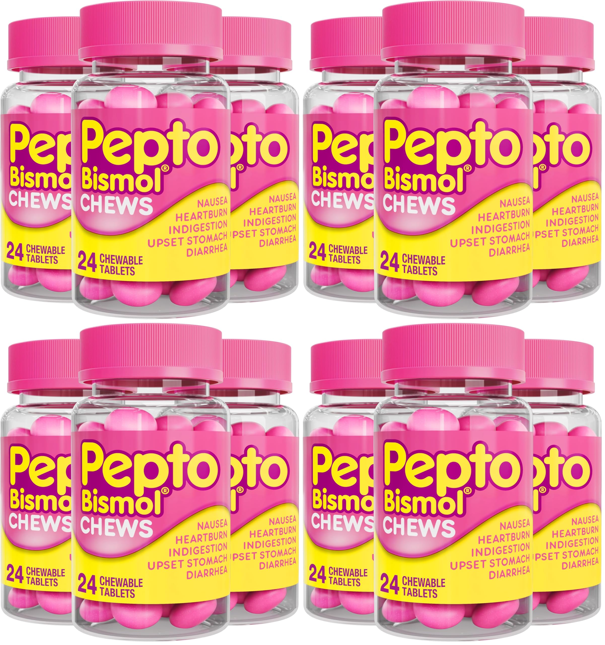 Pepto Bismol Chews, Upset Stomach, Nausea, Heartburn, Indigestion Relief, Anti Diarrhea Medication for Adults - 5 Symptom Fast Relief, 72 Chewable Tablets 24 Count (Pack of 12)