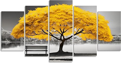 Miniatura 7 de QIXIANG Lienzo decorativo grande de árbol amarillo para pared, 5 piezas de paisaje de árbol junto al lago, para sala de estar, dormitorio, oficina,