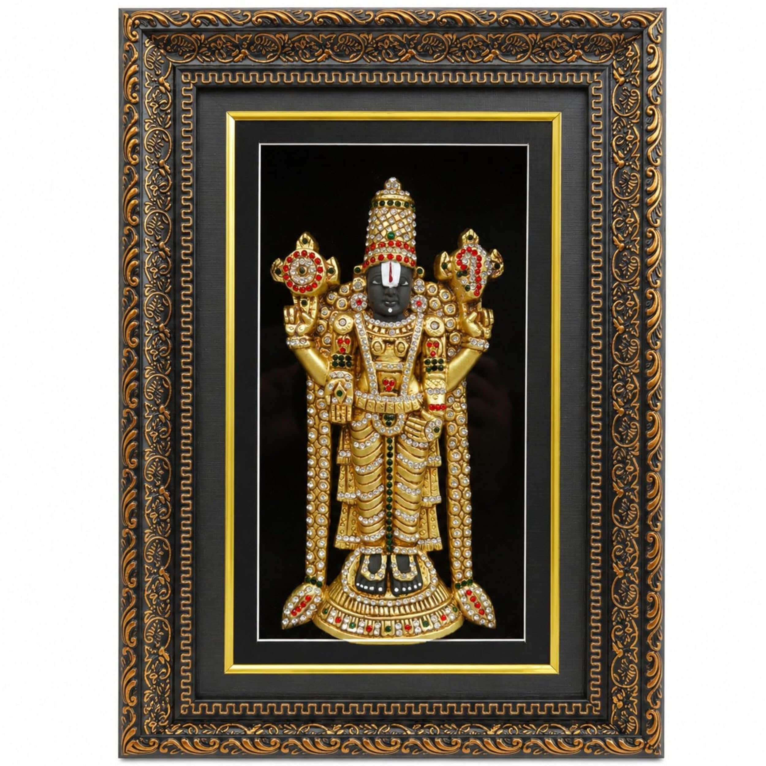 Premium Tirupati Balaji Photo Frame Wall Decor – Handcrafted Gold & Black, 3D Embossed Stone Work, Antique Finish Frame, Spiritual Luxury Decor & Glass Protection for Pooja Room, Temple, Living Room & Gifting |10.5 x 15.5 x 2 Inches-image-39
