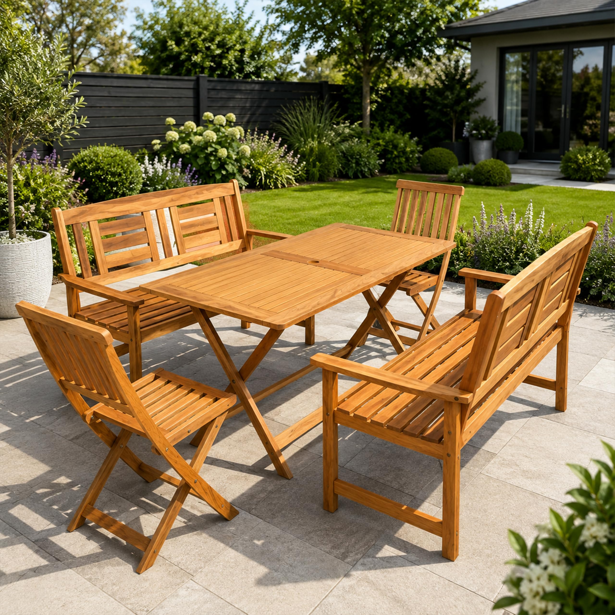 Samuel ALEXANDER Outdoor 6 Person Folding Rectangular Wooden Garden Dining Table Chairs and 2 Benches Set