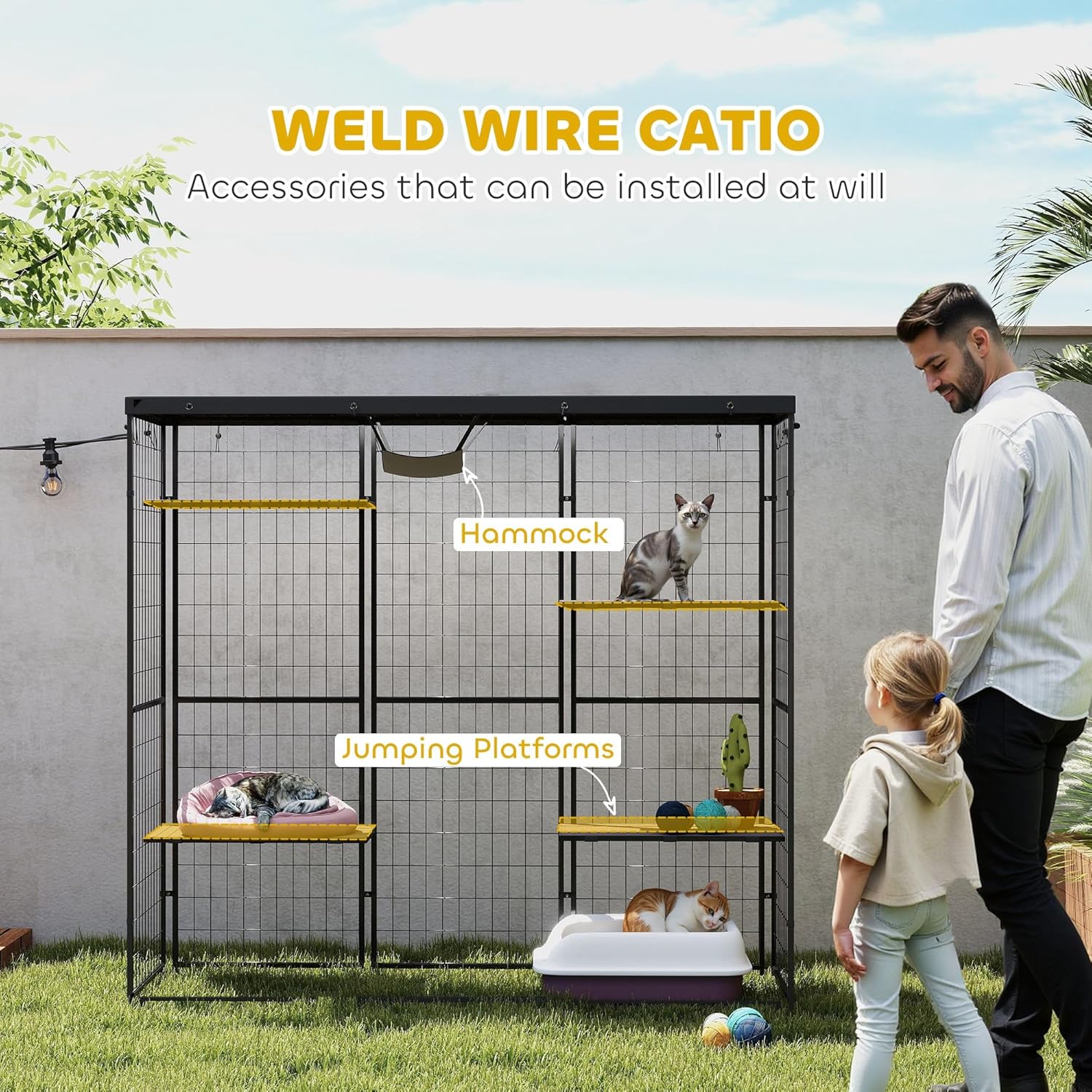 Close-up of PawHut Catio features: hammock and jumping platforms