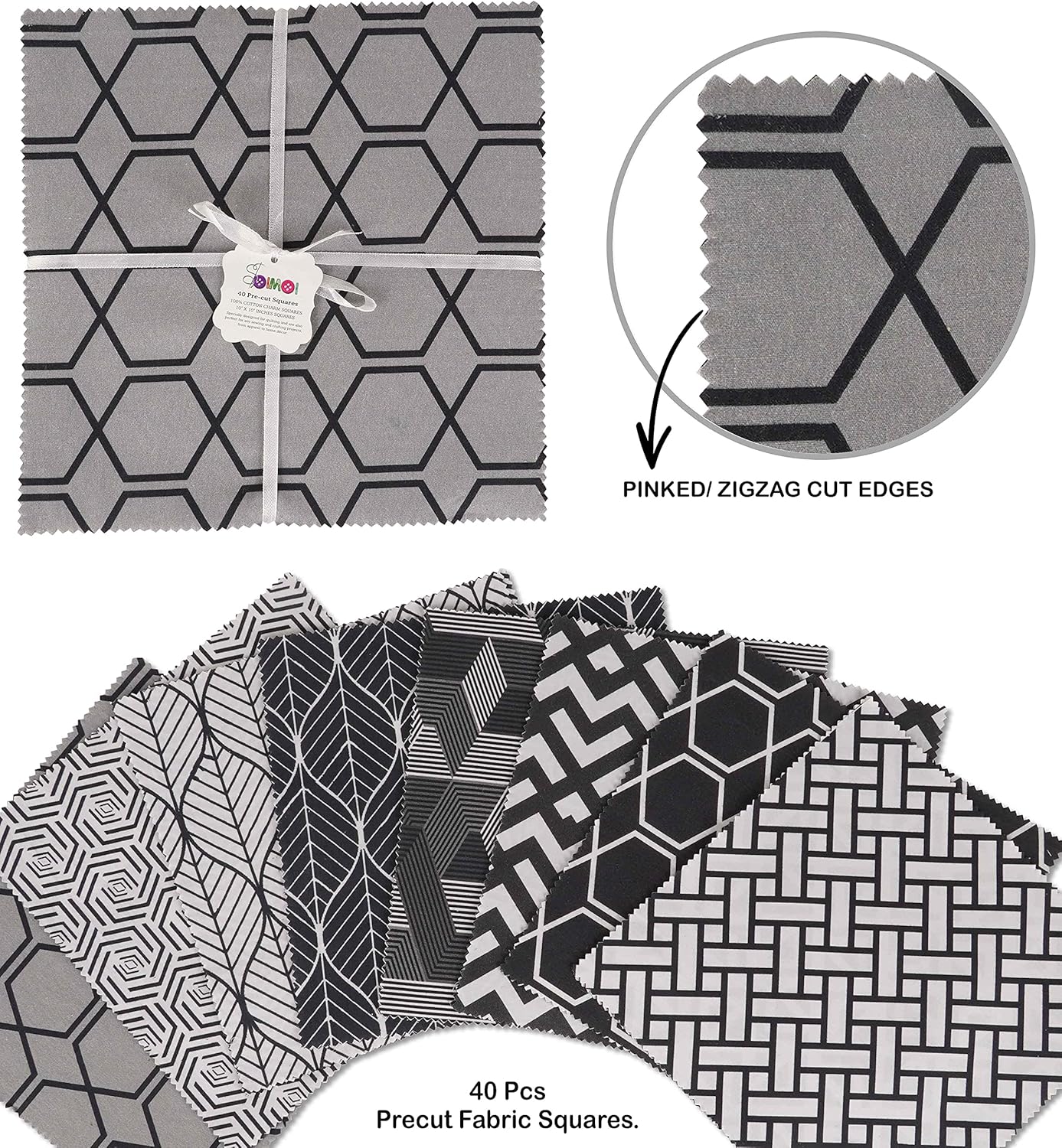 Soimoi Geometric Print Precut 10-inch Cotton Fabric Quilting Squares Charm Pack DIY Patchwork Sewing Craft-White & Black