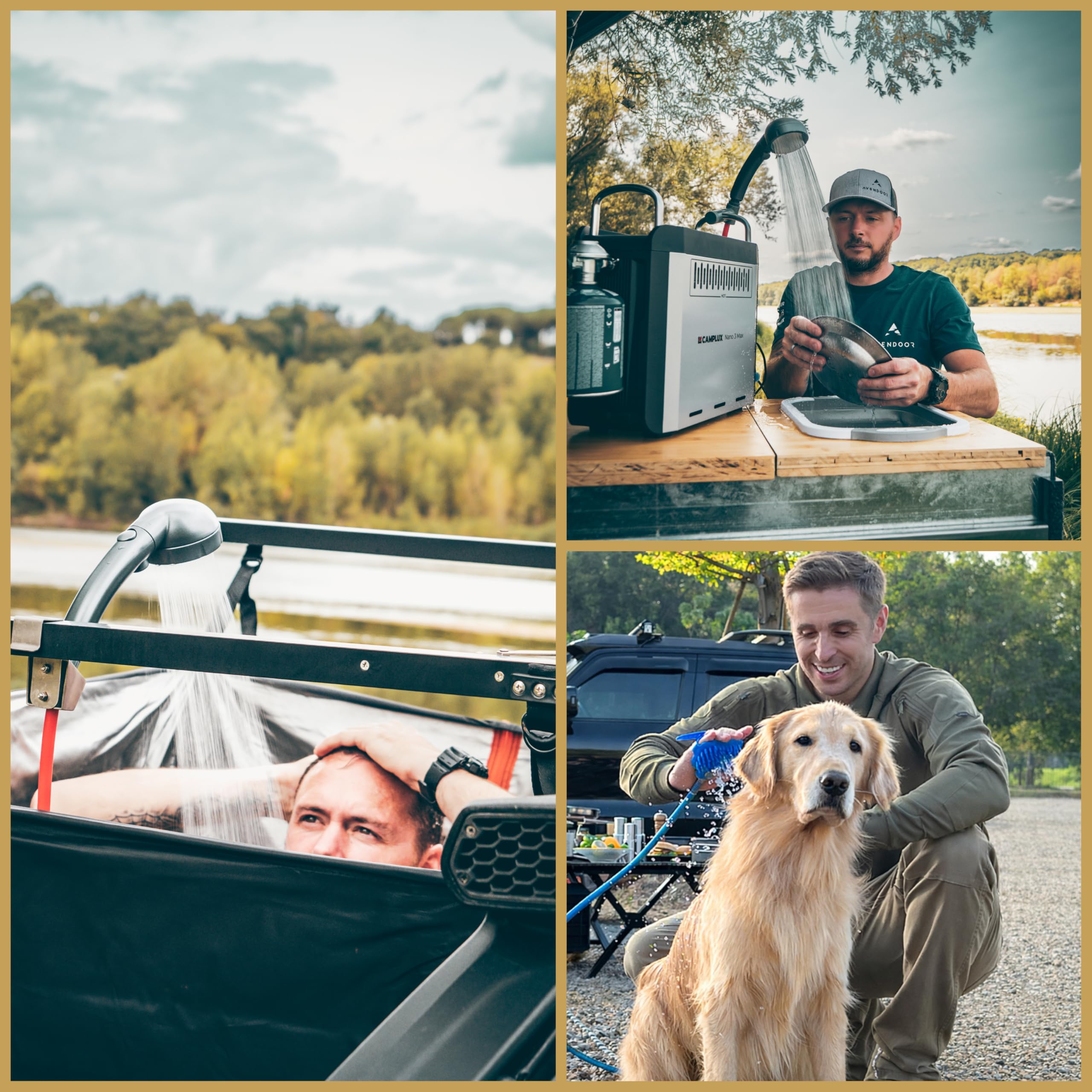 CAMPLUX Nano 3 Max - Chauffe-Eau Portable à Gaz, Kit Douche Outdoor, Eau Chaude Instantanée, avec Batterie Intégrée et Pompe 12V, Compact pour Camping & Vanlife