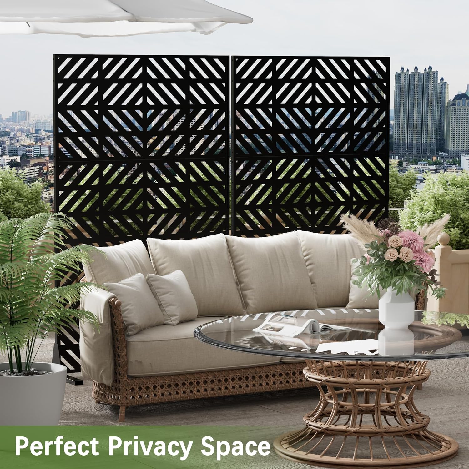 Cofar Metal Privacy Screen Outdoor 72" H×44" W -Black Freestanding Outdoor Privacy Panels with Stand, Decorative Fence for Patio, Deck, Balcony（Striped）