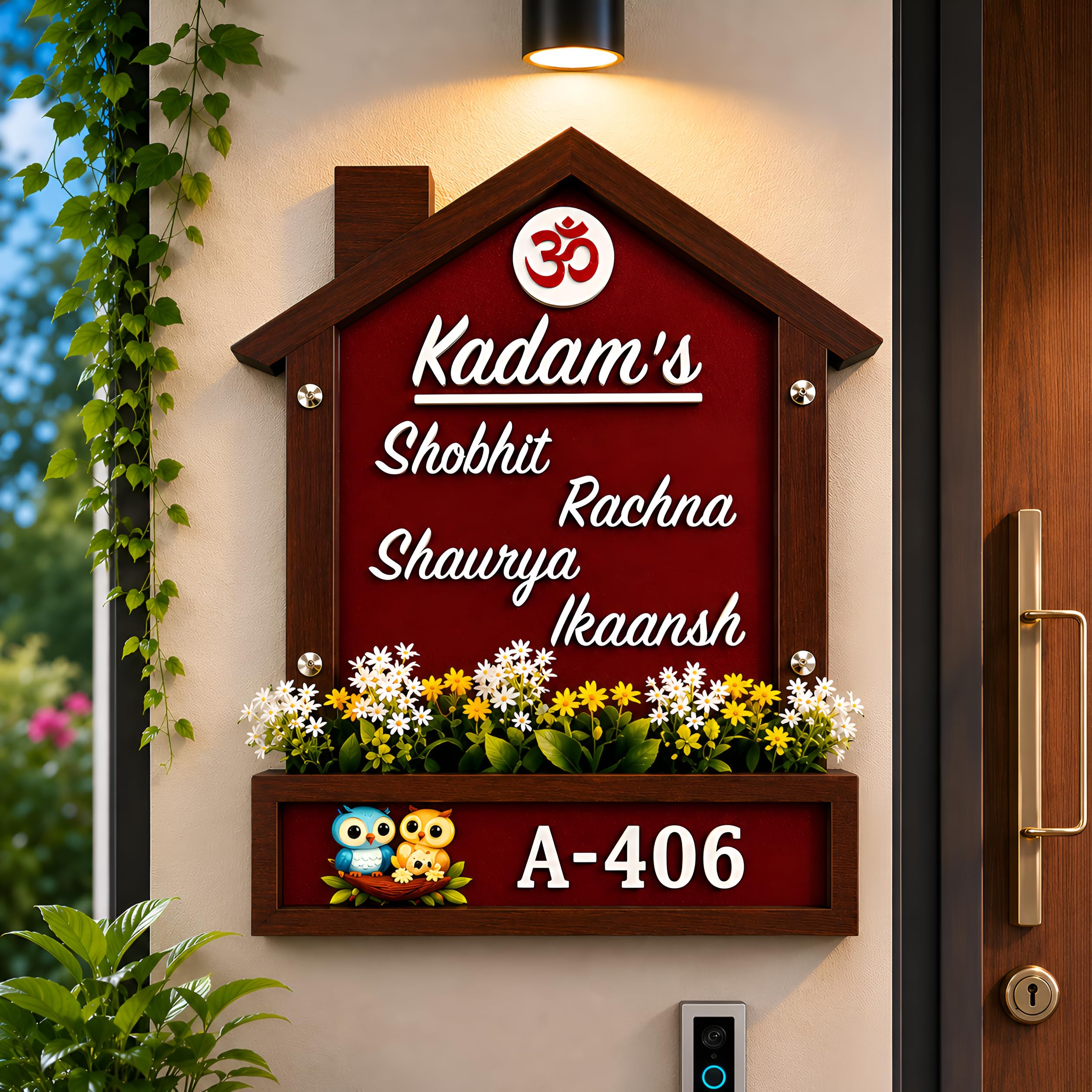 Customizable Wooden House Name Plate with Dark Maroon color and Acrylic 3D Letters, Artificial Grass and Flowers, Flat Number Display, Wall Mounted Home Entrance Decor (Maroon Red)-image-25
