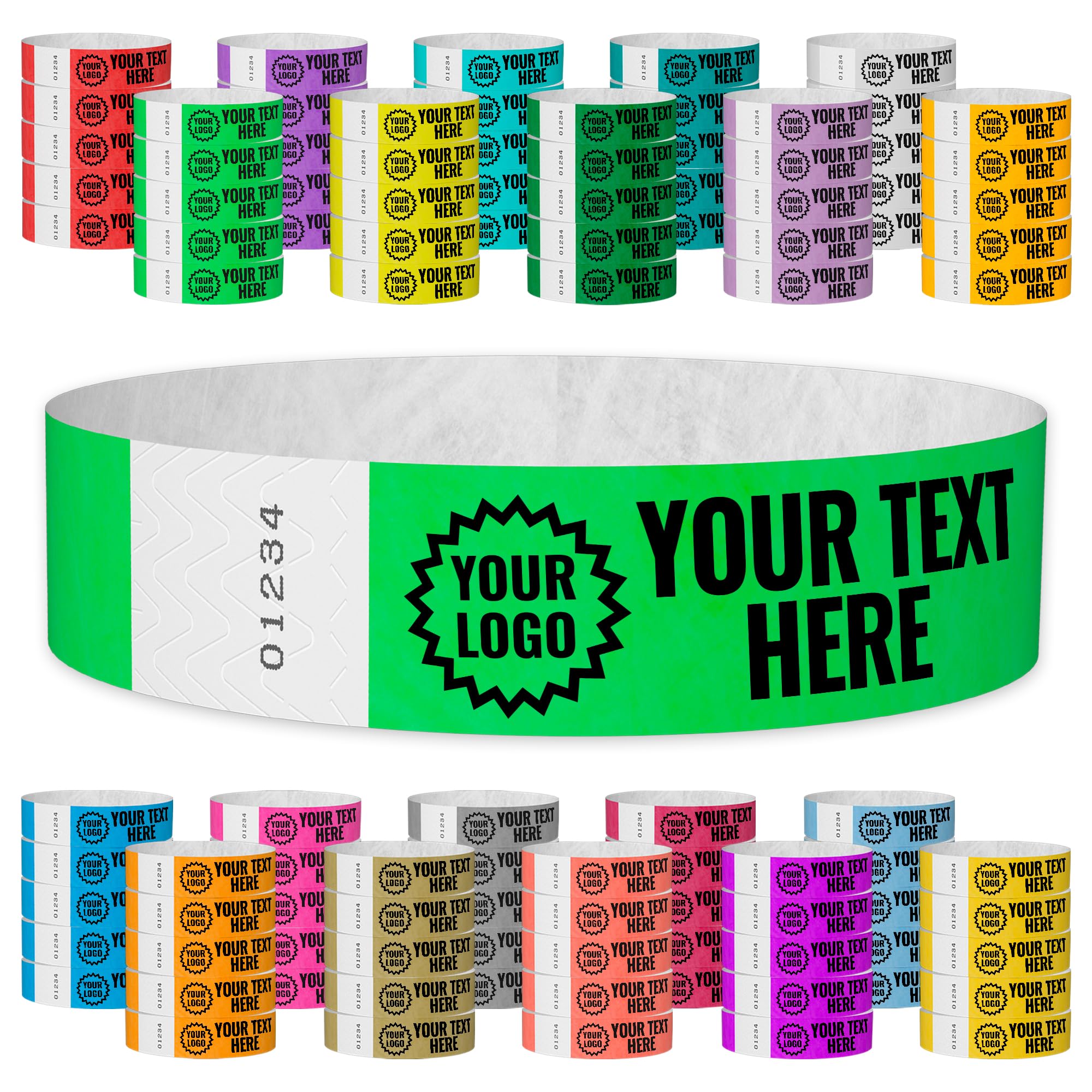 WristCo Neon Green Custom Imprint Wristbands - 2,000 Count Tyvek ¾” x 10”- Add Any Text Logo and Image & Receive Printed Wrist Band Bracelets for