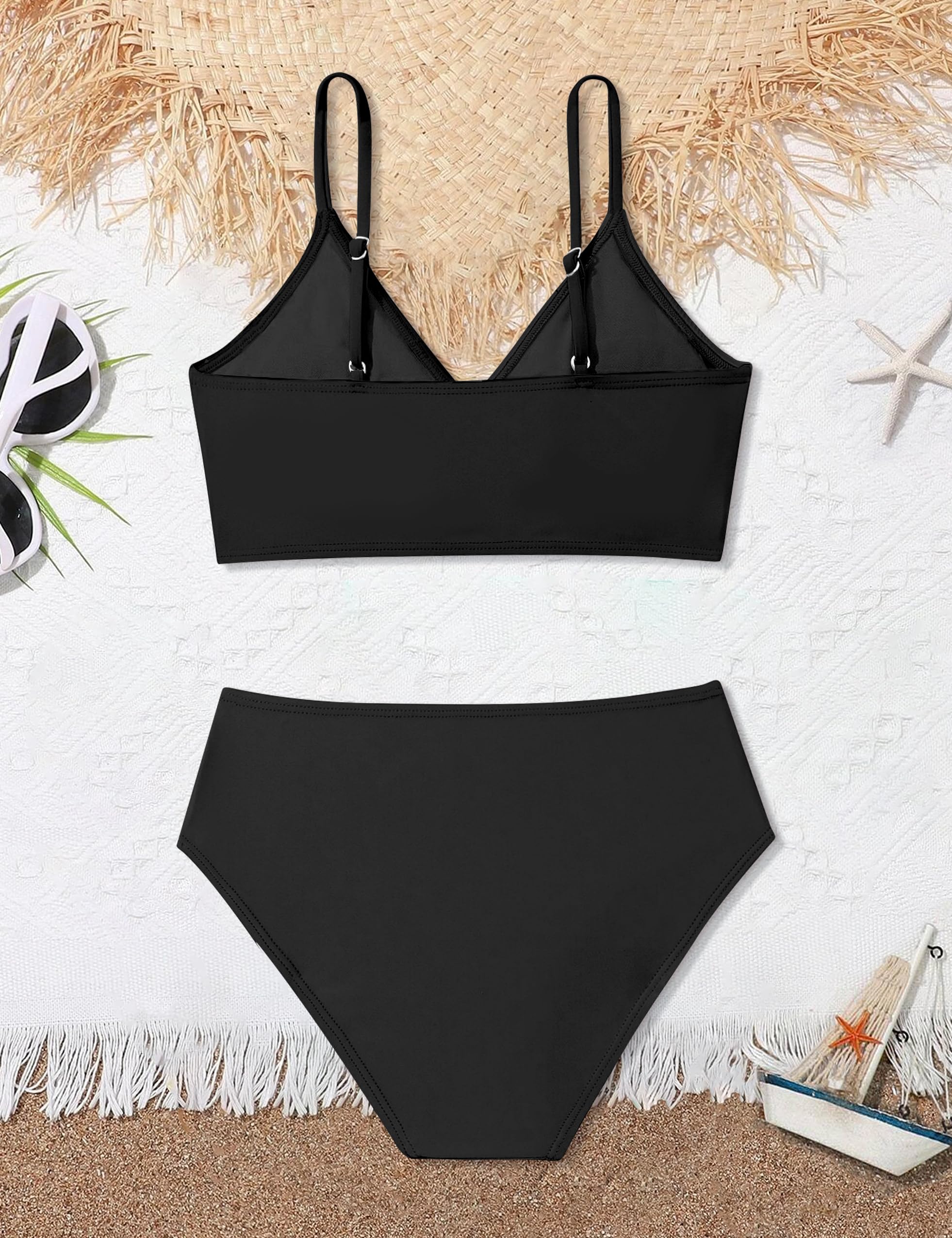 WIQI Conjunto de bikini de 2 piezas para niñas, con bloques de color, entrecruzado, talla 9-16