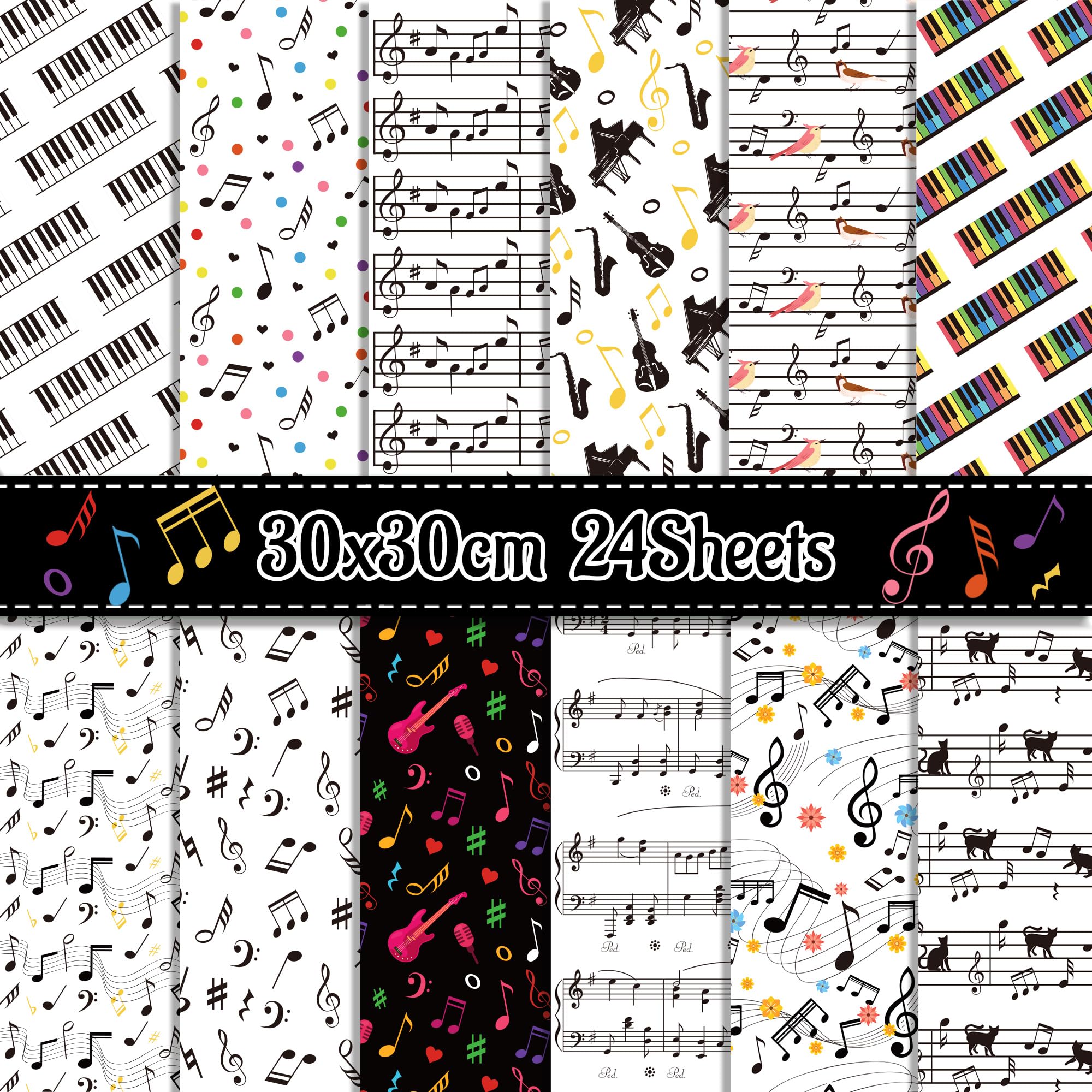 24 Blatt Scrapbook Papier mit Noten-Muster, 12-Typen Doppelseitige Dekorpapier Musik Noten für Musikliebhaber Origami Papier Journal Motivpapier DIY Fotoalbum 30x30CM