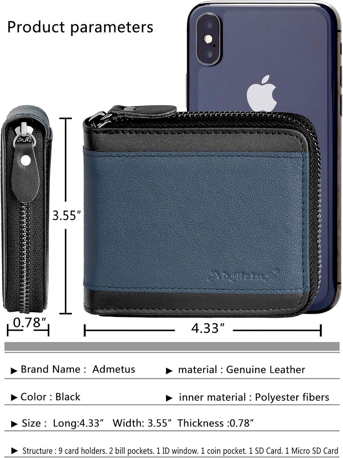 Admetus Mens RFID Blocking Wallets Zipper Leather Wallet for Men Bifold RFID Card Holder - Image 5