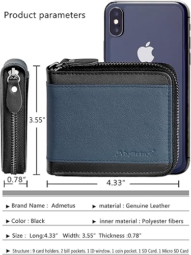 Miniatura 5 de Admetus Billeteras con bloqueo RFID para hombre, billetera de cuero con cremallera para hombres con tarjetero RFID plegable