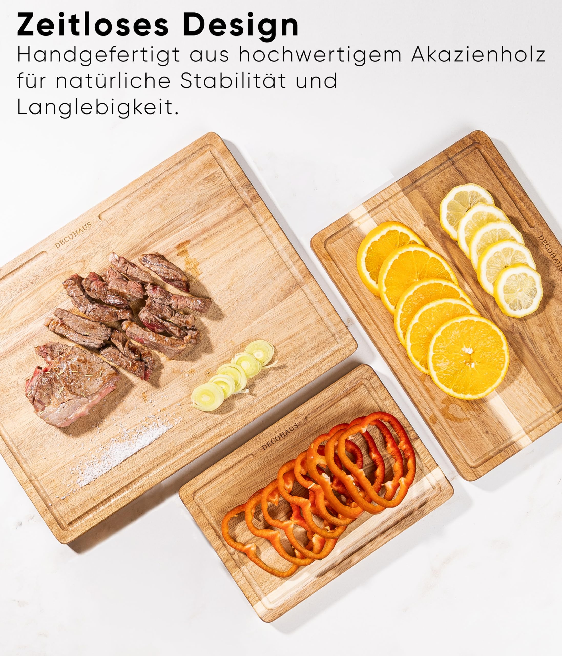 Deco haus Schneidebrett Holz 3er Set aus Robustem Akazie [2cm DICKE] - Schneidebretter mit Saftrille - Holzbrett Küche 40x30, 33x24, 26x18 Holzbretter - Wooden Cutting board set - Holzschneidebrett