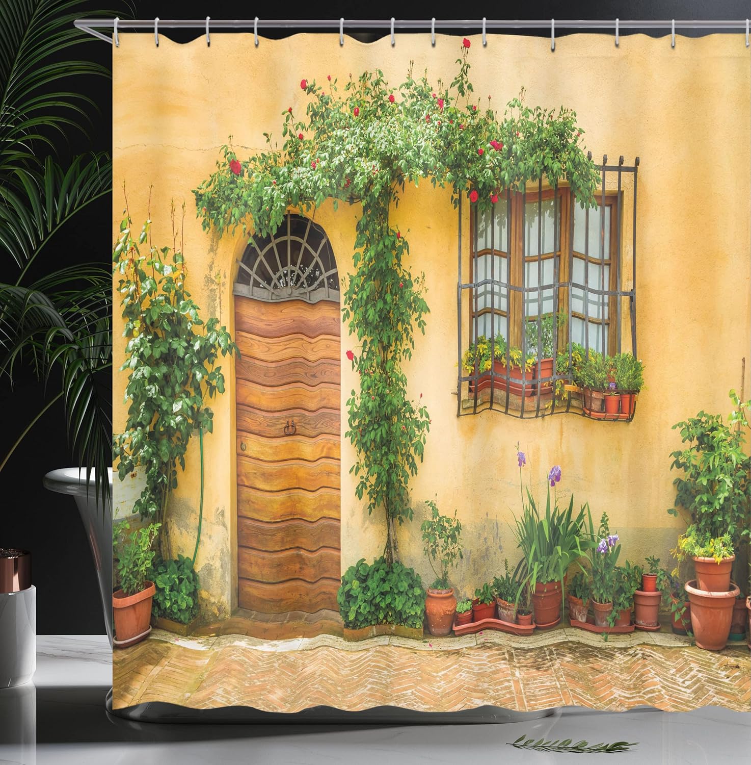 Ambesonne Italy Shower Curtain, Porch Different Flowers Pots Fresh Plants City Life in Tuscany Europe, Cloth Fabric Bathroom Decor Set with Hooks, 69" W x 70" L, Apricot Green Brown