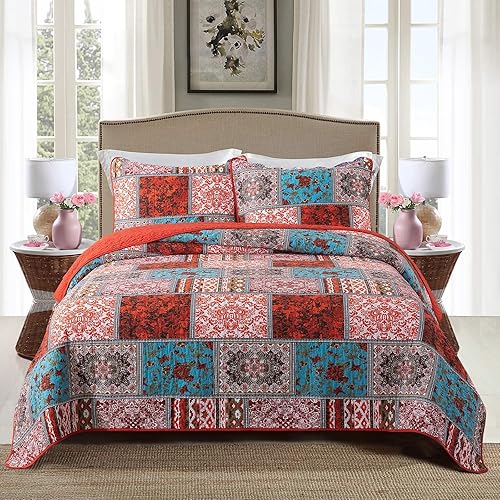 Miniatura 2 de HoneiLife Juego de edredón de tamaño King, colchas de algodón de 3 piezas, colcha retro, colcha ligera, juego de ropa de cama cálida para todas las