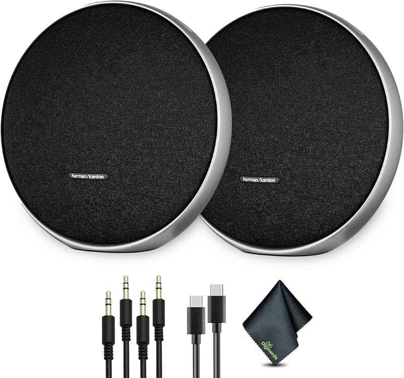 Onyx Studio 9 Portable Stereo Bluetooth Speaker (HKOS9BLKJN) (Pair) Bundle Including: 2X Aux Cable, Power Supply, Type-C Cable, Fiber Cloth