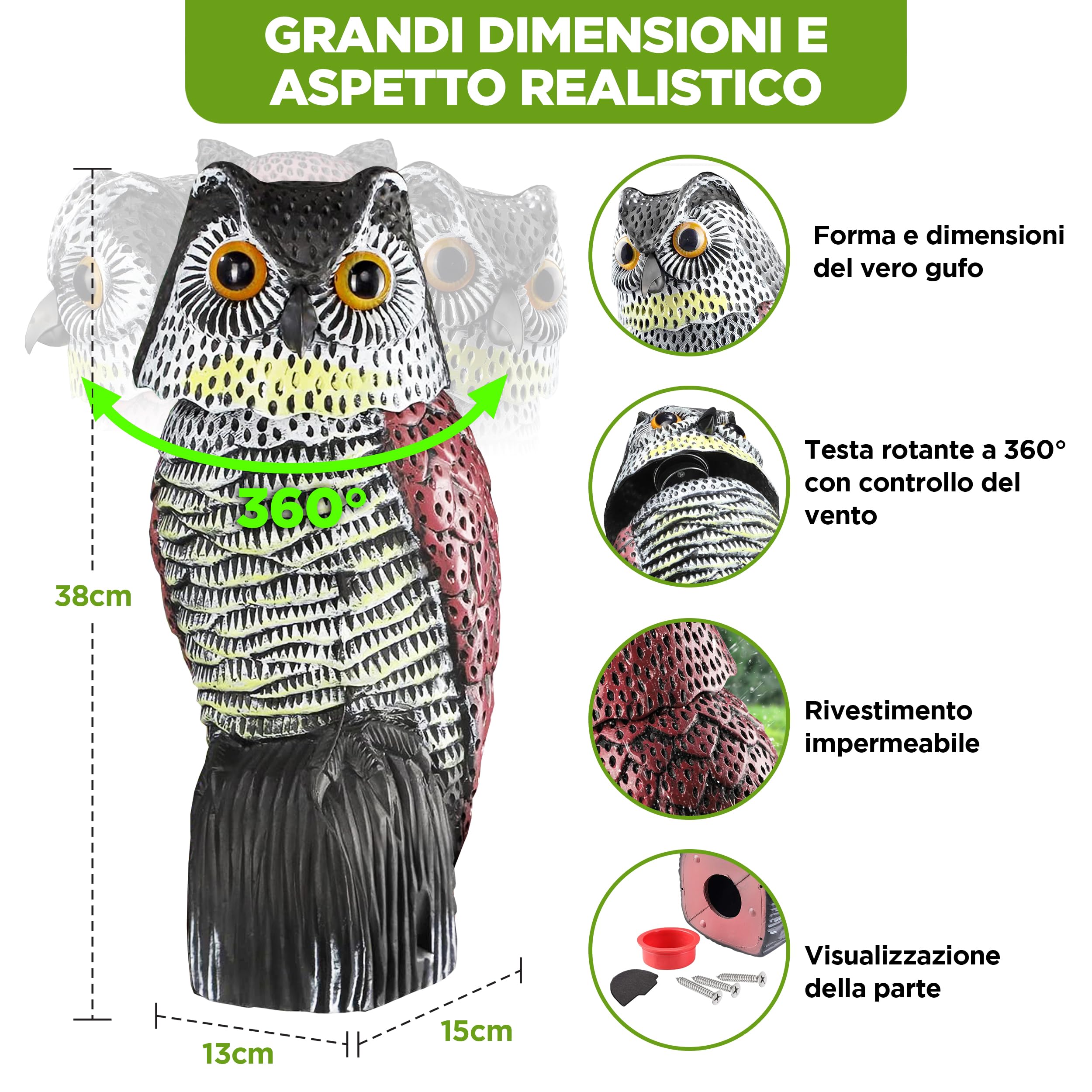ISOTRONIC richiamo Gufo Controllo Uccelli spaventapasseri Realistico Testa oscillante Repellente piccioni Giardino Balcone frutteto 1 Pezzi Efficace Esterno Protezione Difesa Stop volatili visivo