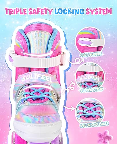 Miniatura 3 de SULIFEEL - Patines ajustables de estilo tie-dye arcoíris para niñas y niños de 3 a 5 años, 5 a 8 años, 6 a 12 años, rosa y morado, con luces, con