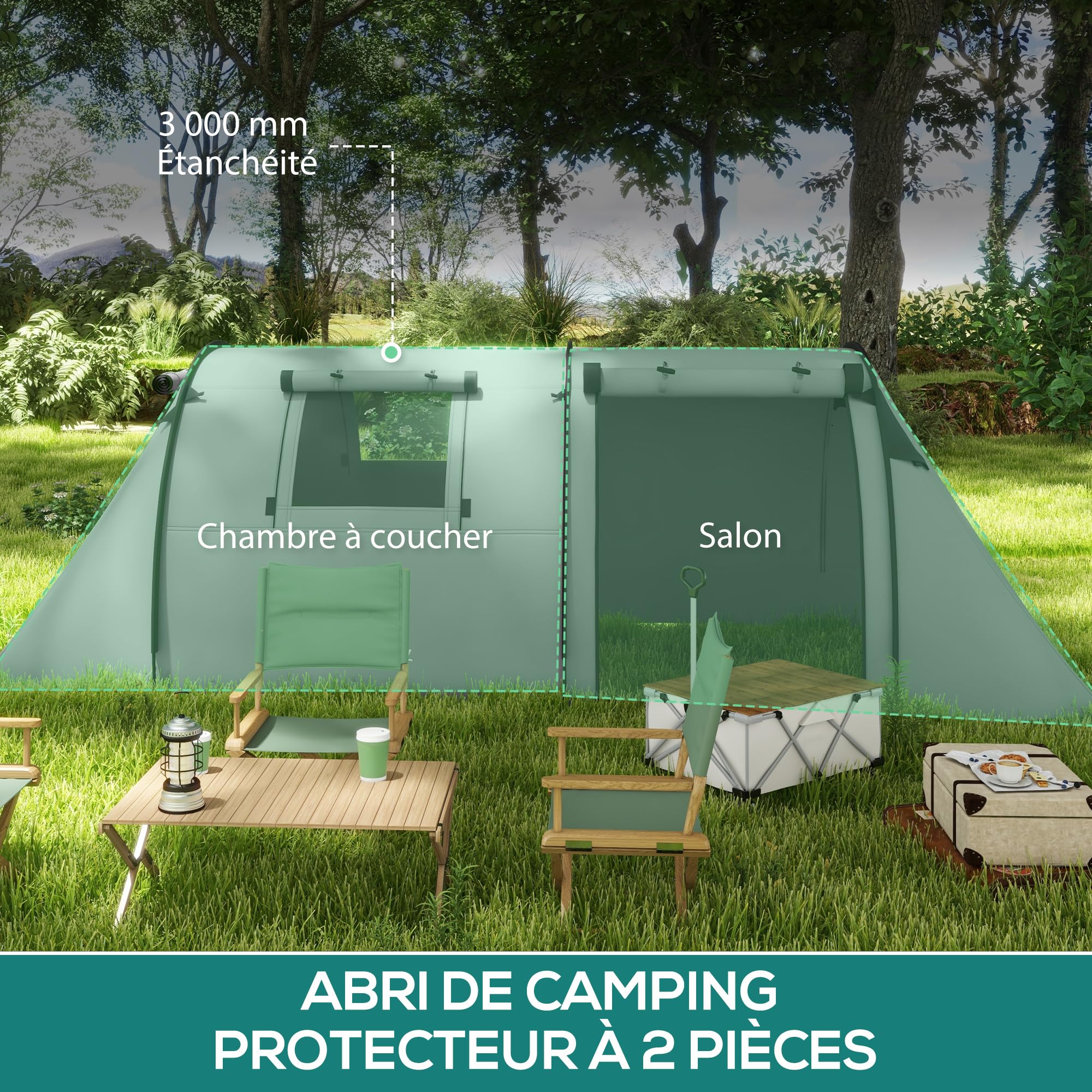 Outsunny Tente de Camping pour 3-4 Personnes, Tente familiale avec 1 Salon et 1 Chambre, imperméable, Facile à Transporter avec Sac, 470 x 220 x 150 cm, Gris