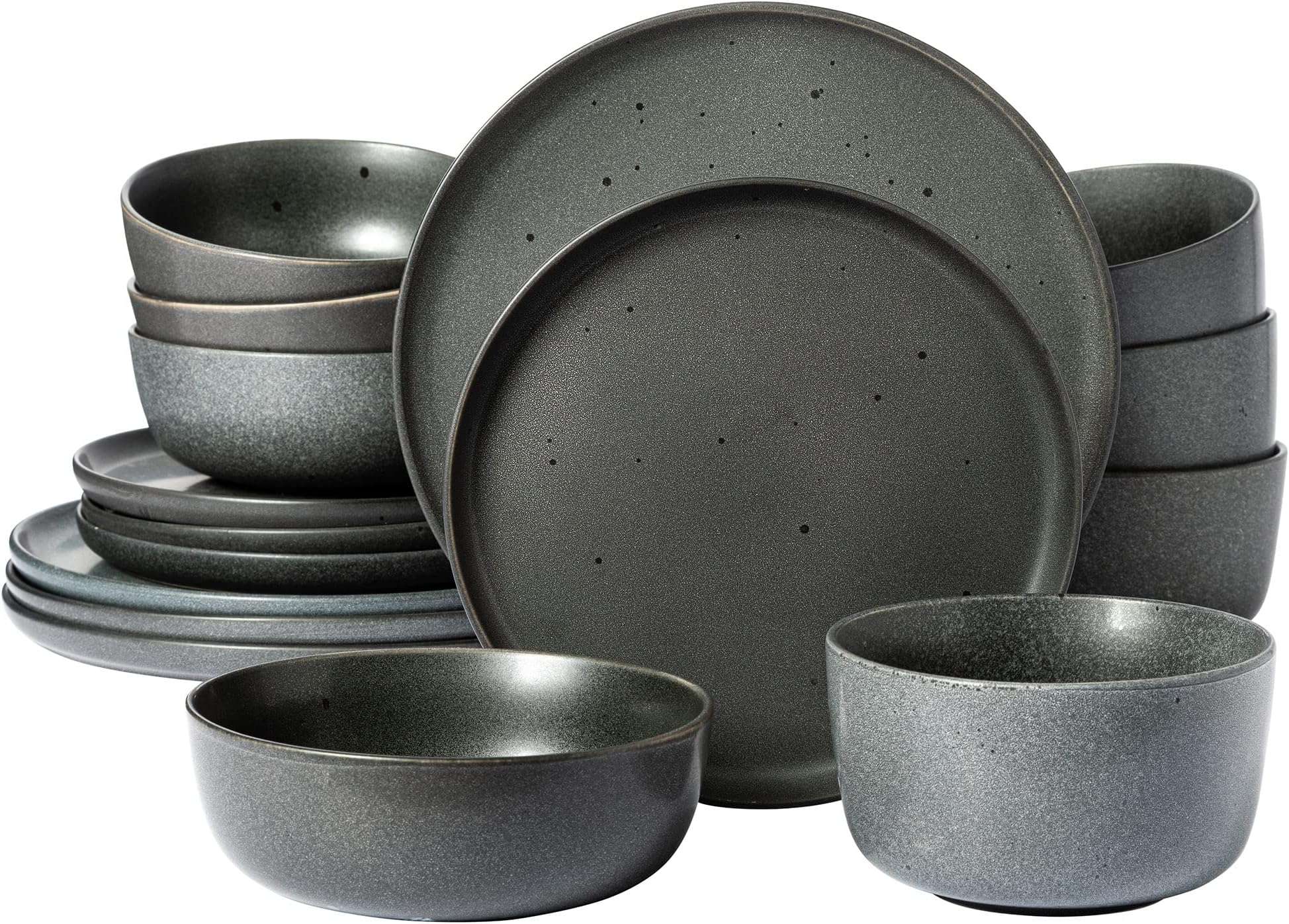 Gibson EliteJames Street Stoneware Matte Reactive Double Bowl Dinnerware Set - Truffle Grey, Service for 4 (16pcs)