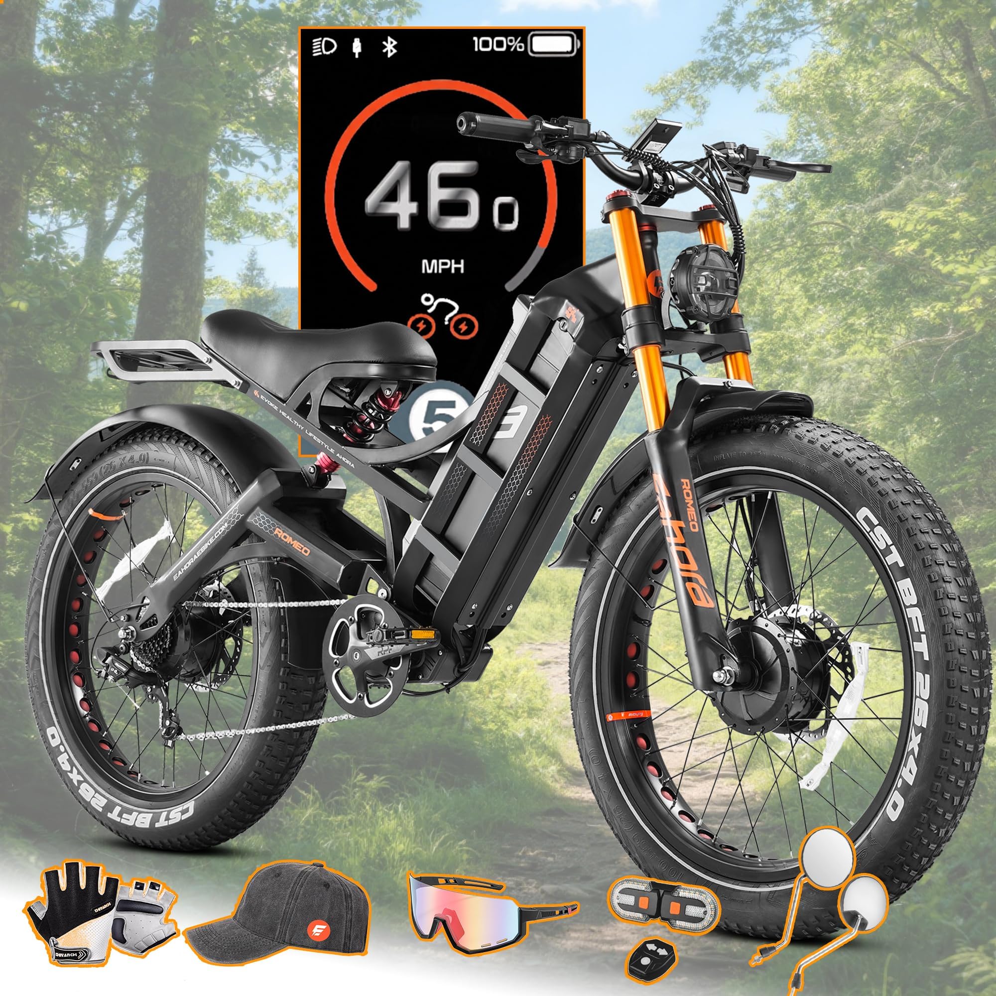 eAhora Romeo Pro 3/2 [2026] 46-50 Mph Electric Bike for Adults, Peak 5600W Dual Motor Ebike, 60V/52V 80Ah/70Ah 250 Miles Long Range E Bike, 26”*4.0 Fat Tire Air Full Suspension Off-Road E-Bike