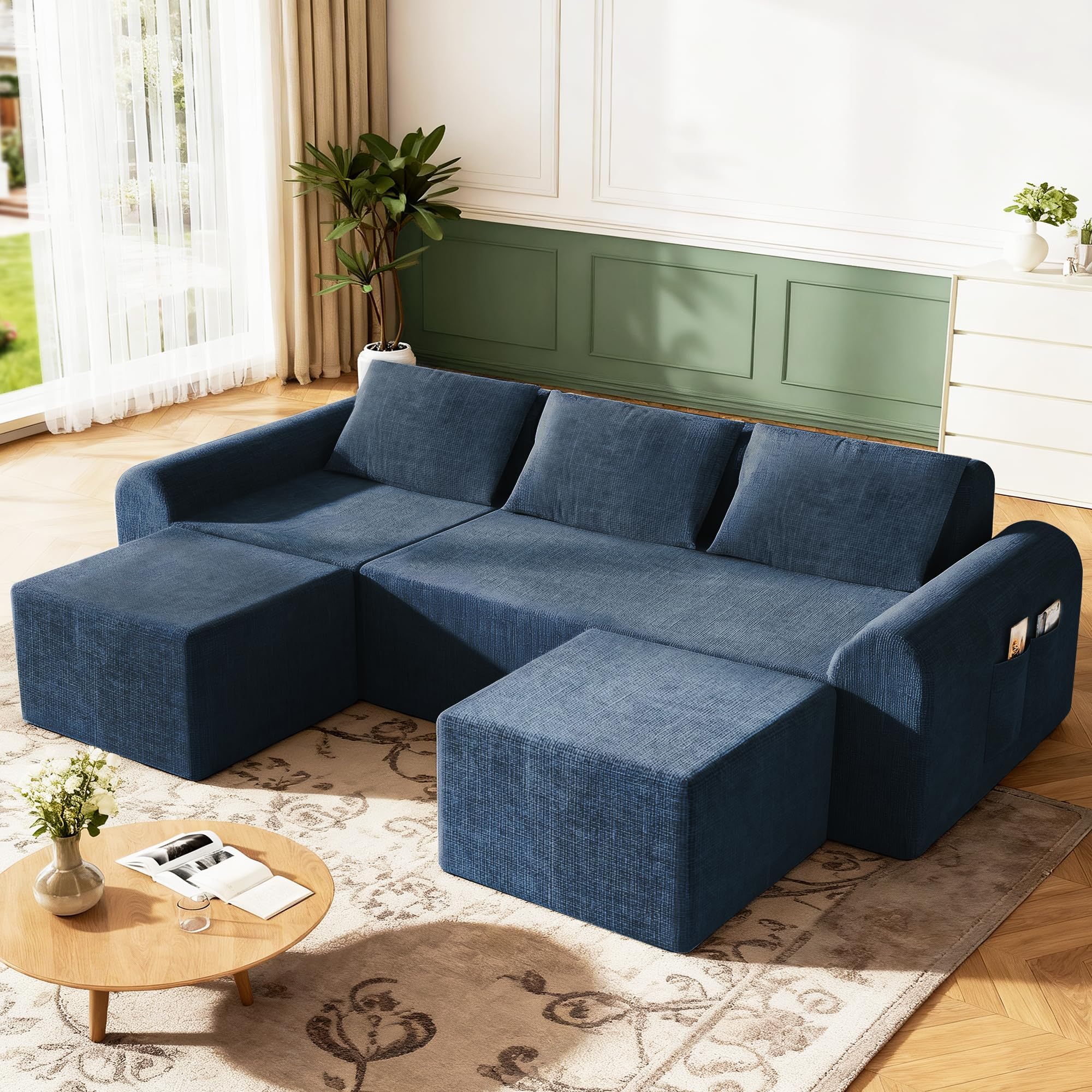 Rengue Cloud Sectional Couch with 3 Pillows & 2 Ottomans, Boneless Couches for Living Room, U Shaped Sectional Sofa Deep Seat Comfy Couch for Small Spaces, No Assembly Required (Blue) 72h to Restore