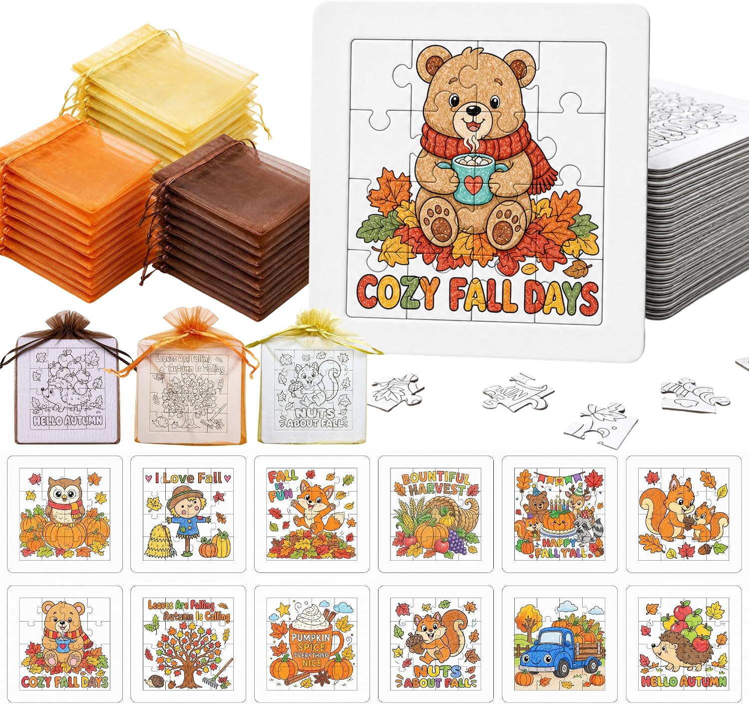 Zoyeven 24 Pcs Fall Crafts for Kids Adults DIY Jigsaw Puzzle Coloring Art Kit Autumn Party Favors Thanksgiving Classroom Activities Supplies Bulk School Projects Group Fun Gift