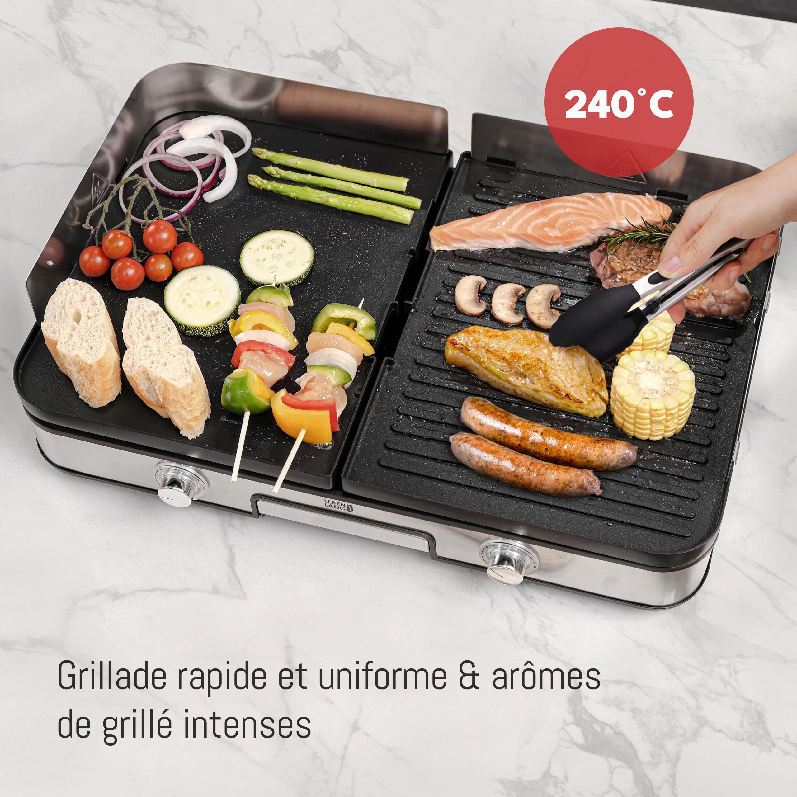 LEBENLANG 2400W Plancha électrique - Avec pince à barbecue & Protection contre les éclaboussures I Pour intérieur & exterieur I Plancha grill electrique Inox Grills électriques XXL