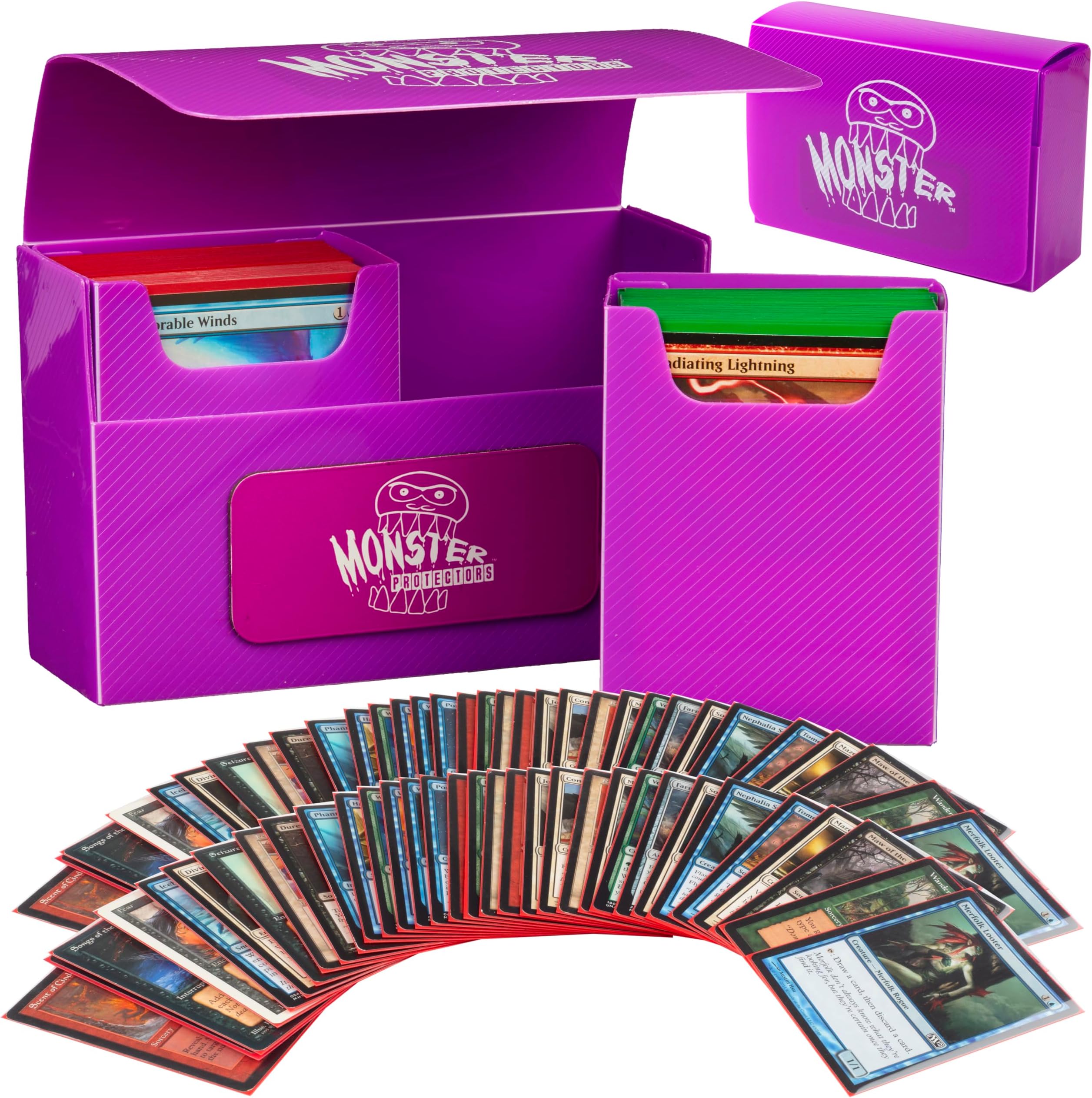 Monster Protectors Magnetic Double Deck Box - Purple, Holds 150 Gaming TCGs, Self-Locking Closure, Compatible w Standard & Smaller Size Gaming Trading Cards, Removable Construction