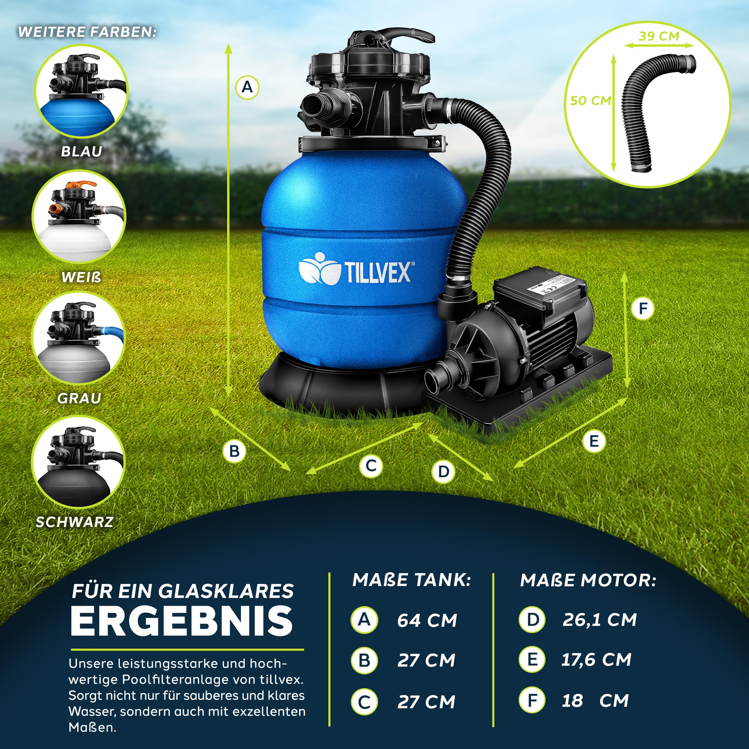 tillvex® Sandfilteranlage Pool 7.900L/h inkl. 400g Filterbälle | Filteranlage 7-Wege Ventil & 2in1 Adapter Ø32mm - 38mm | Poolfilter mit Druckanzeige | Sandfilter für Schwimmbecken (Blau)