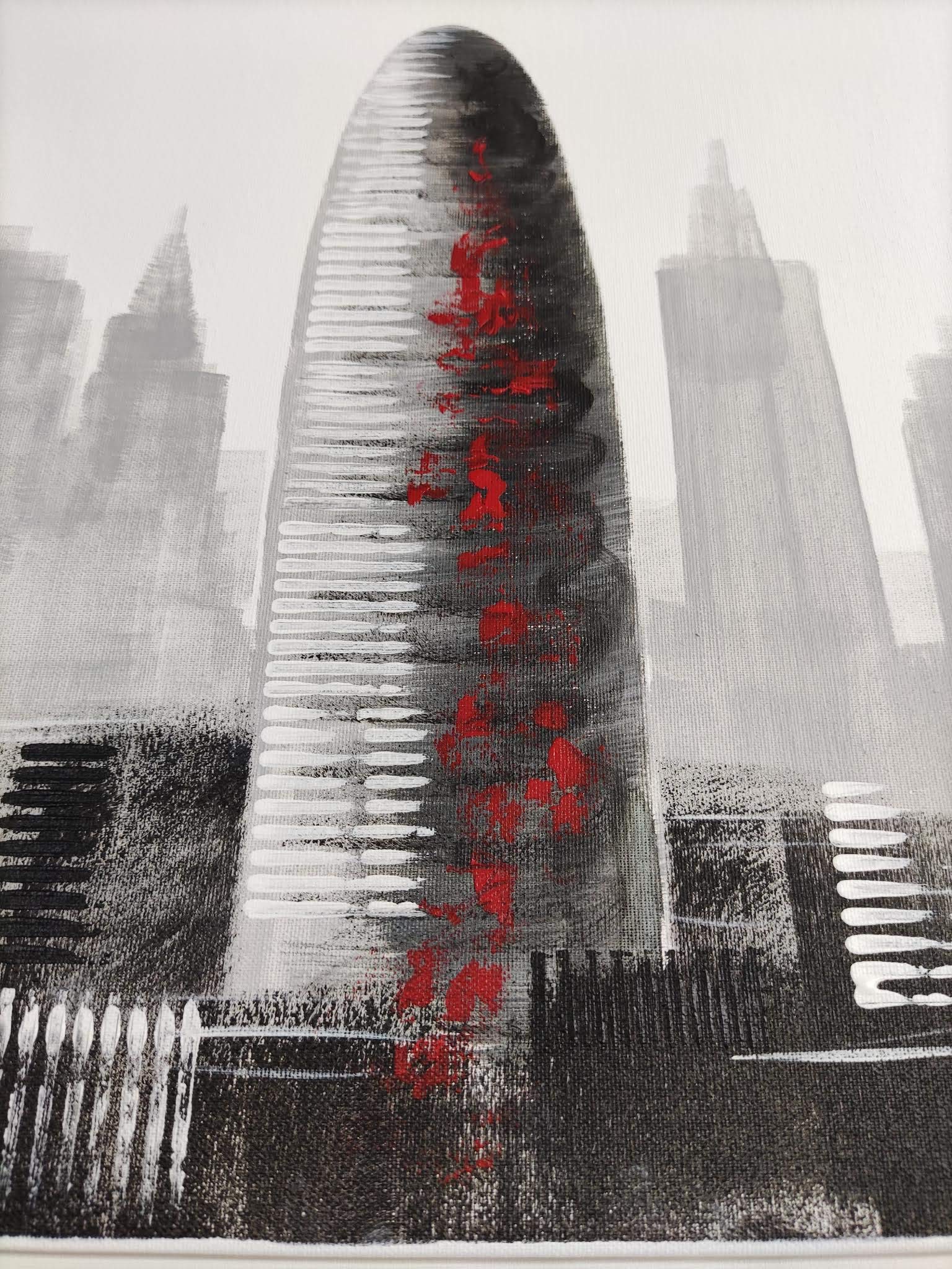Cuadroexpres - Cuadro Pintado Moderno Ciudad de Barcelona 120x35 cm, Blanco y Negro con Detalles en Rojo. 100% Original, sobre Lienzo. Decoración para Sala de Estar
