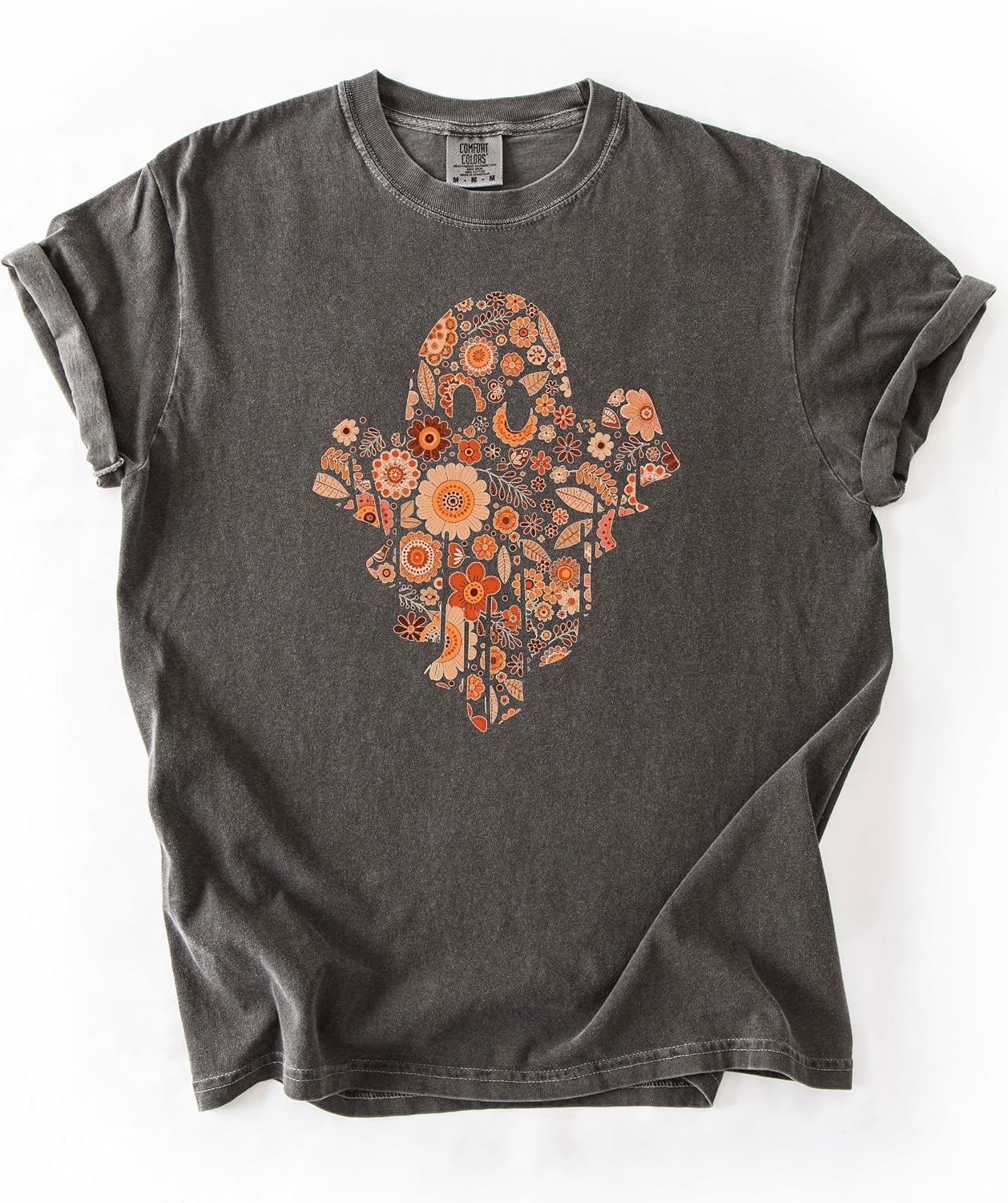 Trendy Orange Floral Ghost Shirt Cute Fall Halloween Graphic T-Shirt