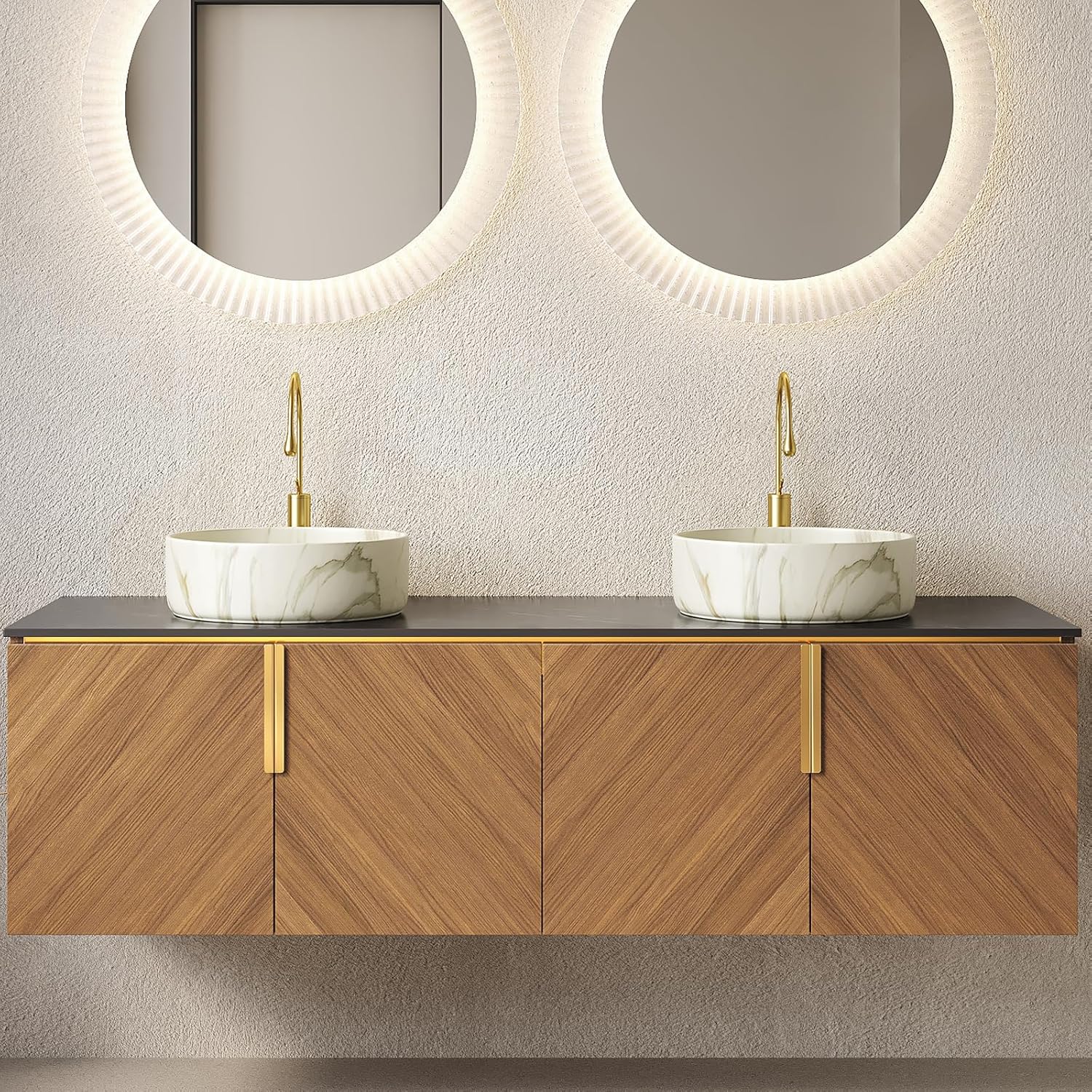 Bathroom Vanity with Double Sink, 60 Inch Floating Vanity with Vessel Sink, Wall-Mounted Plywood Bathroom Sink Cabinet with 4 Doors, Black Sintered Stone Countertop, Brown Oak