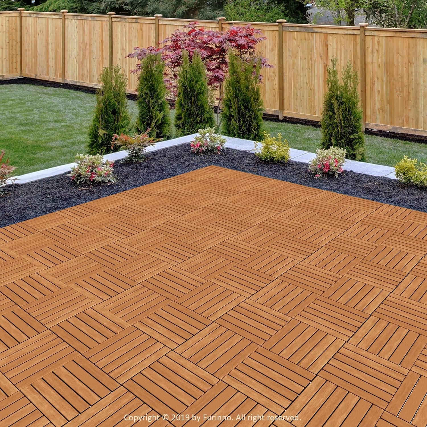 Furinno TIOMAN Hardwood Interlocking Deck Tiles, 10-Pack Outdoor Waterproof Wood Flooring Tiles for Balcony, Garden, Patio, Light Wood