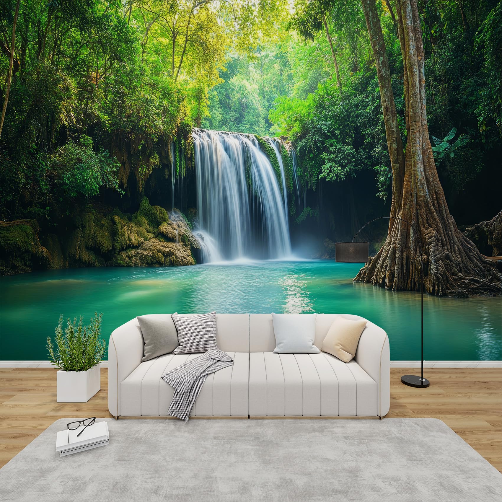 QEODAH Landscape Wallpaper for Living Room, Forest Nature Wall Art for Bedroom, Green Tree Waterfall Wall Mural, Renter Friendly Removable Waterproof Non-Woven Photo Wallpaper 3D, 200x140 cm