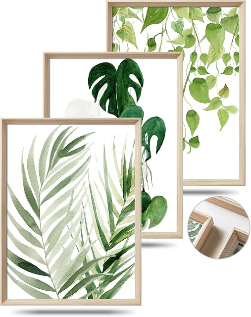 UPWOIGH Framed Green Wall Art(No Plexiglass), Palm Leaves Canvas Wall Art,40x30cm Botanical Wood Bohemia Sage Wall Decor Prints Artworks for Living Room Bedroom, Plant Neutral Pictures Set of 3