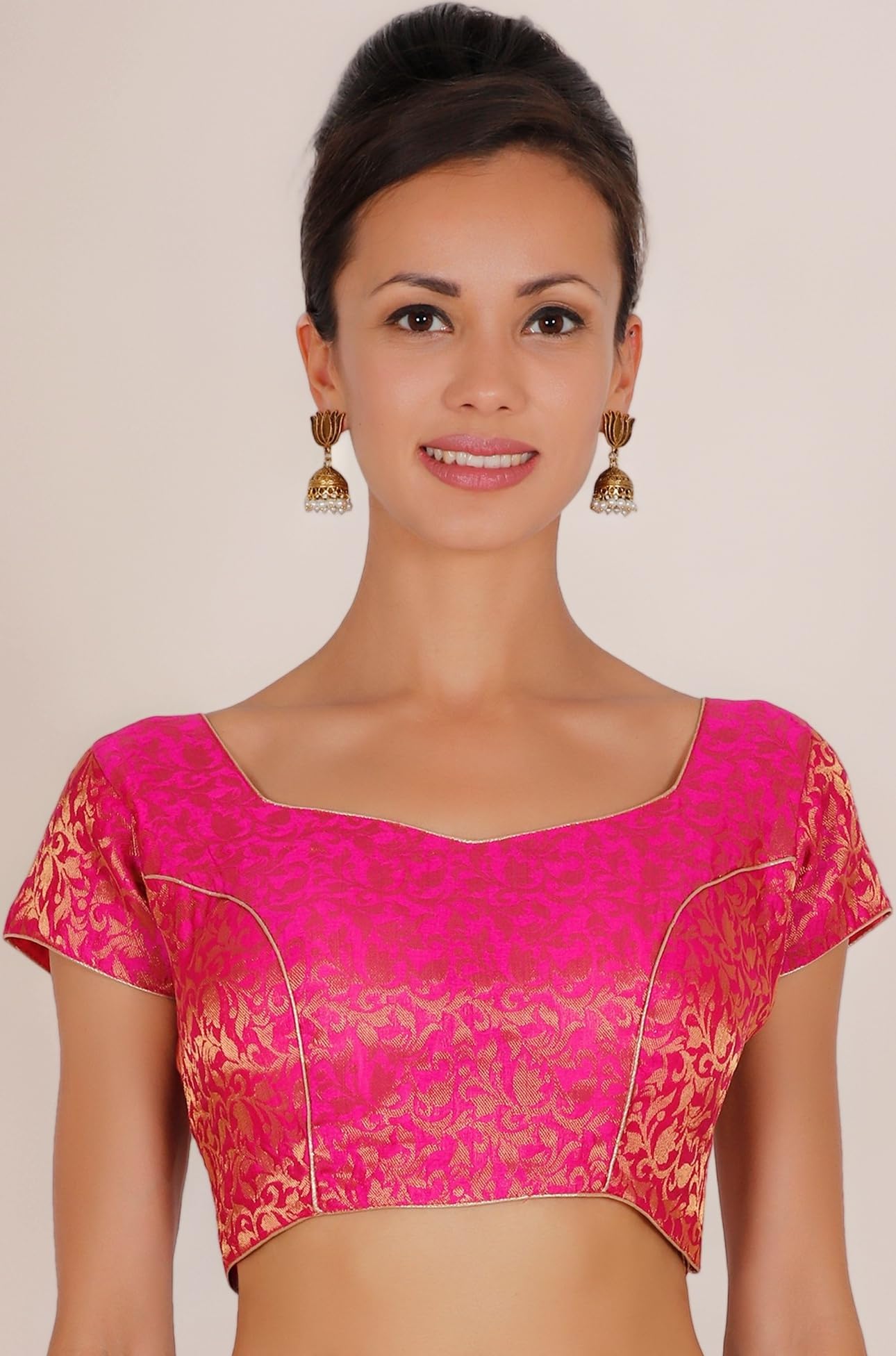 ND & R Women's Readymade, Banarasi Brocade (Chanderi) Short Sleeve Ladies Blouse, Choli for Saree, Ready to Wear.