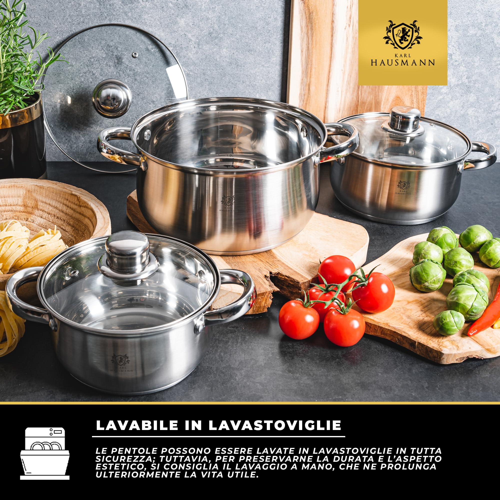 KARL HAUSMANN Set Pentole Acciaio Inox con Coperchi in Vetro - 3 Pentole, Adatte a Induzione, Fondo Multistrato per Cottura Uniforme, per Tutti i Piani Cottura, Lavabili in Lavastoviglie