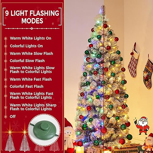 Miniatura 3 de Yaheetech Árbol de Navidad flocado de nieve preiluminado de 6 pies, pino artificial con bisagras de alta calidad con 250 luces LED coloridas y 564