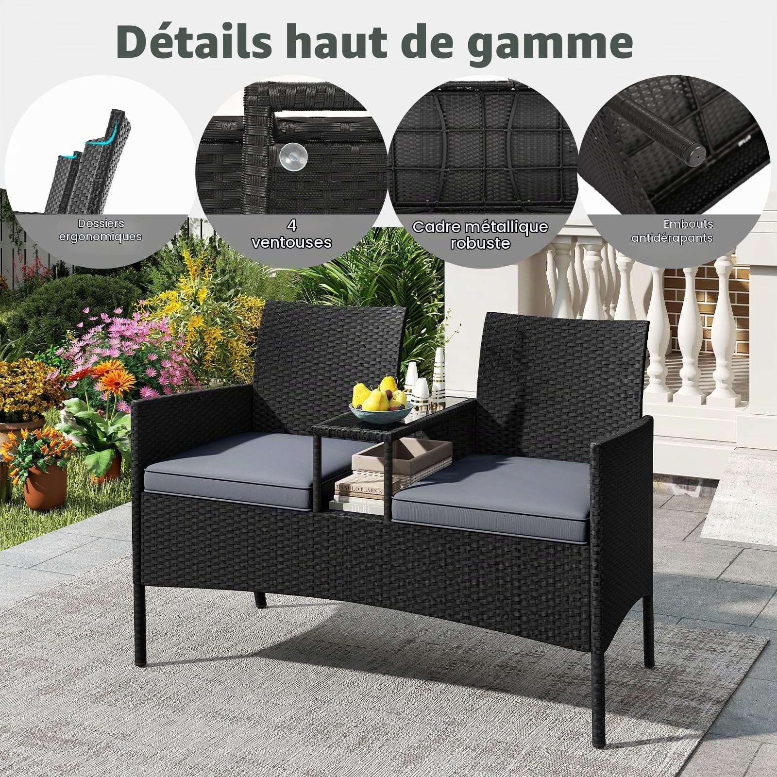 LIFEZEAL Banc Double de Jardin en Rotin PE avec Table en Verre Trempé, Fauteuil de Balcon 2 Personnes avec Coussin, Salon 2 Places avec Coussins, Mobilier de Terrasse, Patio, Charge 360 kg (Gris)