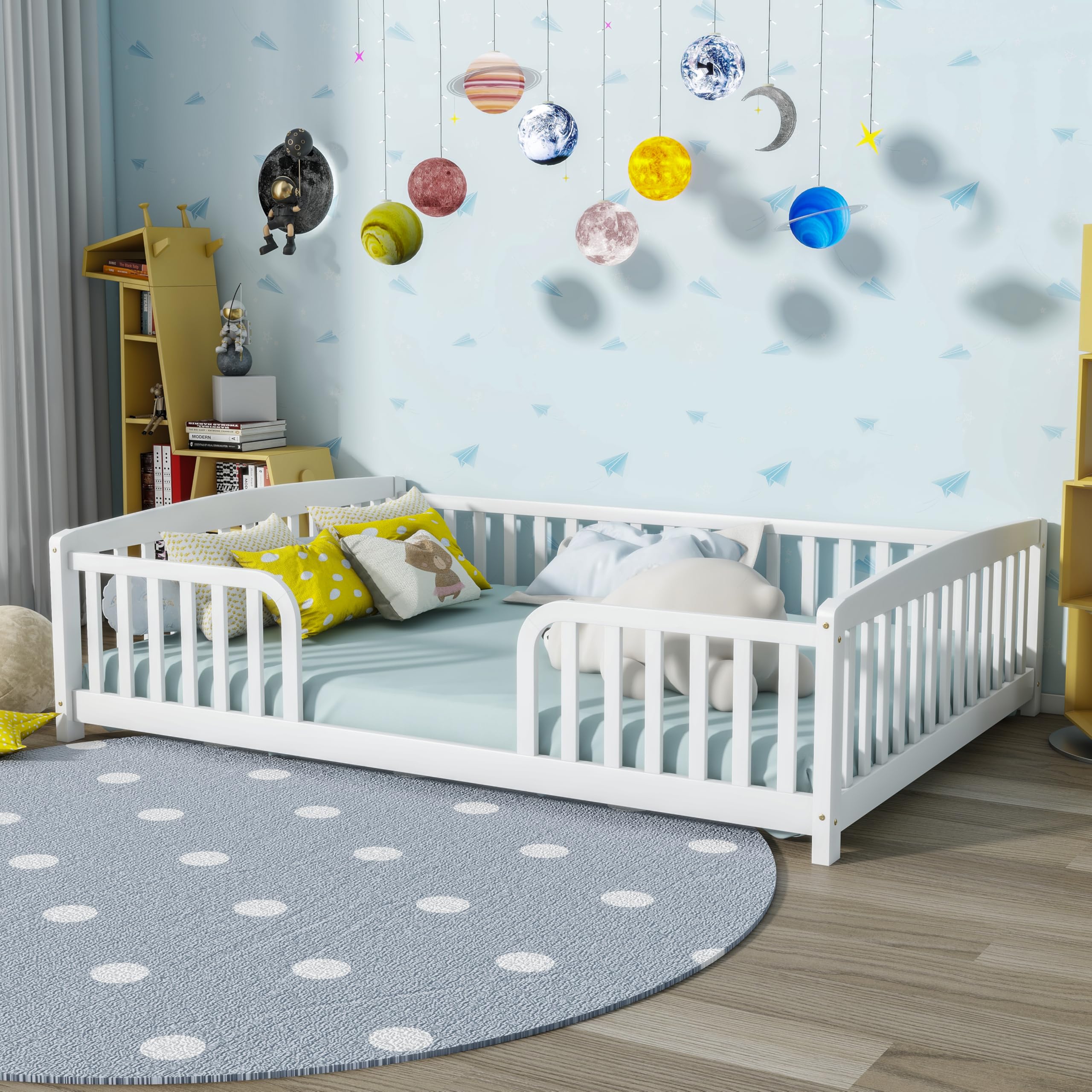 Bellemave Full Size Montessori Floor Bed Frame with High Fence, Solid Wood Kids Floor Bed with Central Entrance, Low Profile Bed for Boys &amp; Girls, Rounded Corner Design,White