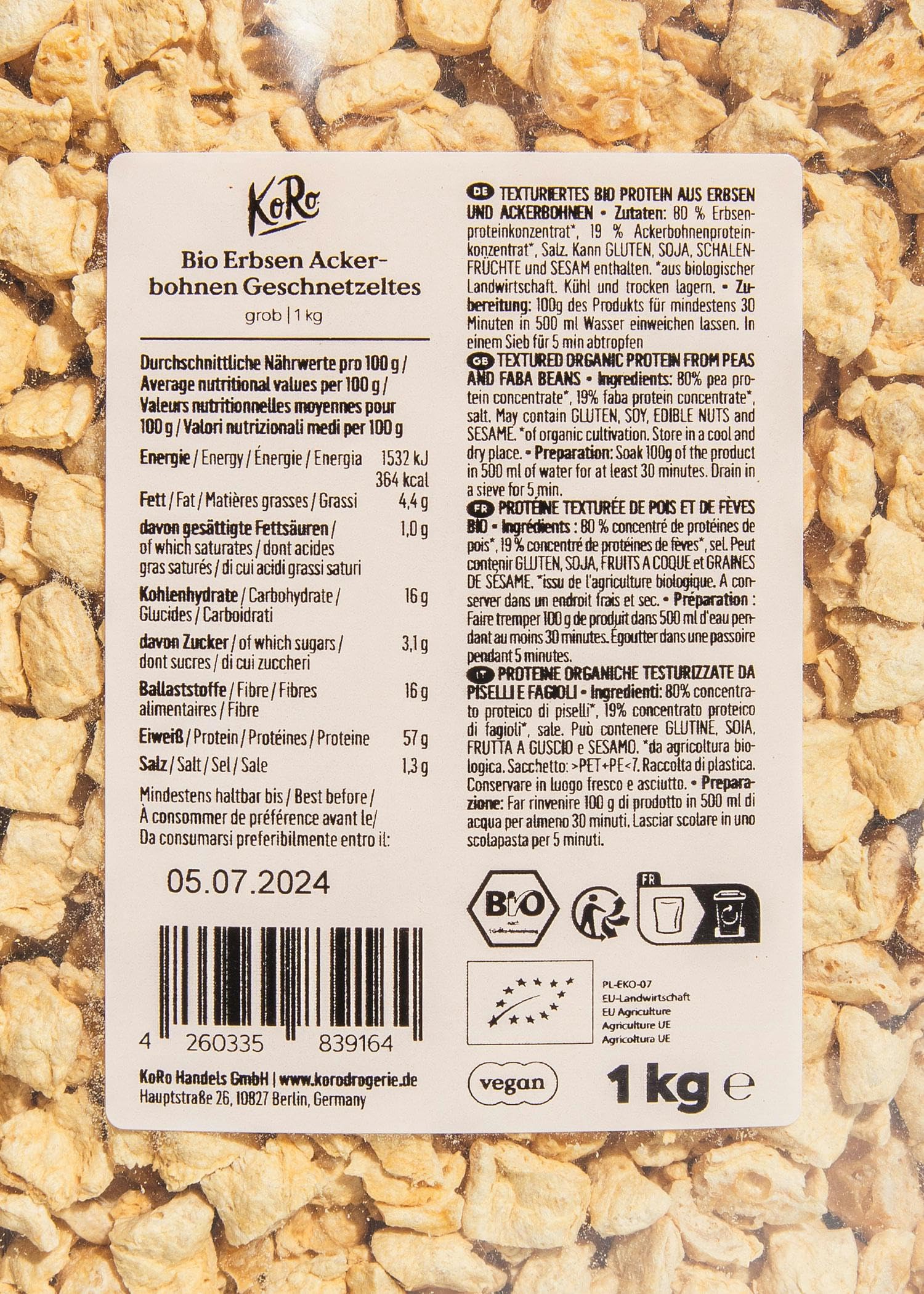 KoRo – Protéines de pois et de fèves gros morceaux 1kg – Alternative végétale sans soja – Texture fondante et riche en protéines – Idéal pour blanquettes et gyros