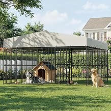 Dog Kennel Outdoor, 10 x 10 FT Large Steel Chain Link Fence with Waterproof Roof, Heavy Duty Dog Run Enclosure with Self-Locking Latch & Feeding Bowl for Yard