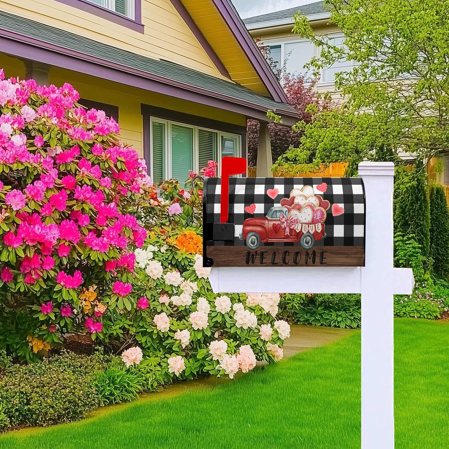 Mother's Day Mailbox Cover Magnetic Standard Size Welcome Truck Mailbox Covers Love Post Letter Box Cover Buffalo Plaid Valentines Gifts for Outdoor Yard Garden Decor 21x18 inch for Mom Gifts